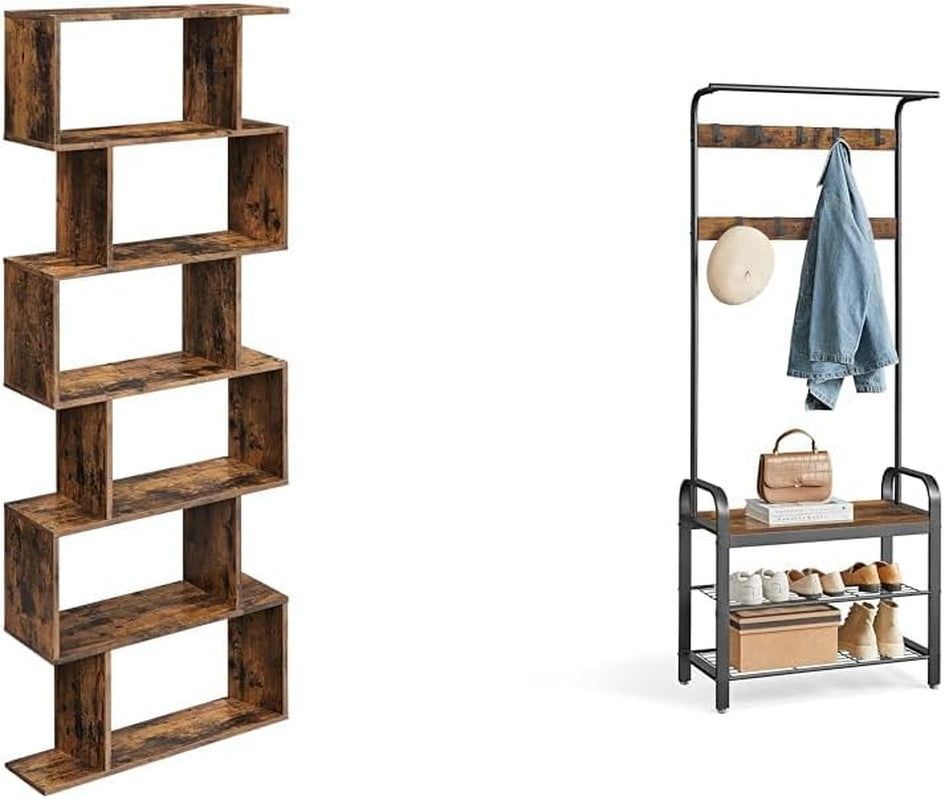 6-Tier Bookshelf, Tall Display Shelf, Freestanding Storage Shelf, Rustic Brown ULBC61BX Coat Rack, Hall Tree with Shoe Bench for Entryway, Rustic Brown and Black UHSR40B