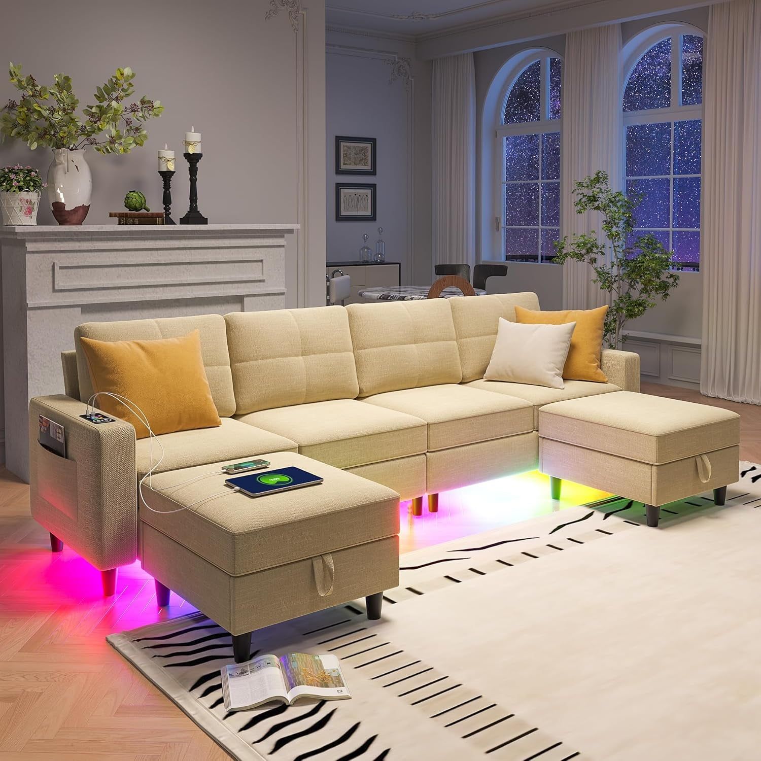 LED Sectional Couches for Living Room, Modular Sectional Sofa Set with Storage Ottomans, Oversized U Shaped Sofa Couch with Auto Sensor RGB Lights and Charging Station (Beige)