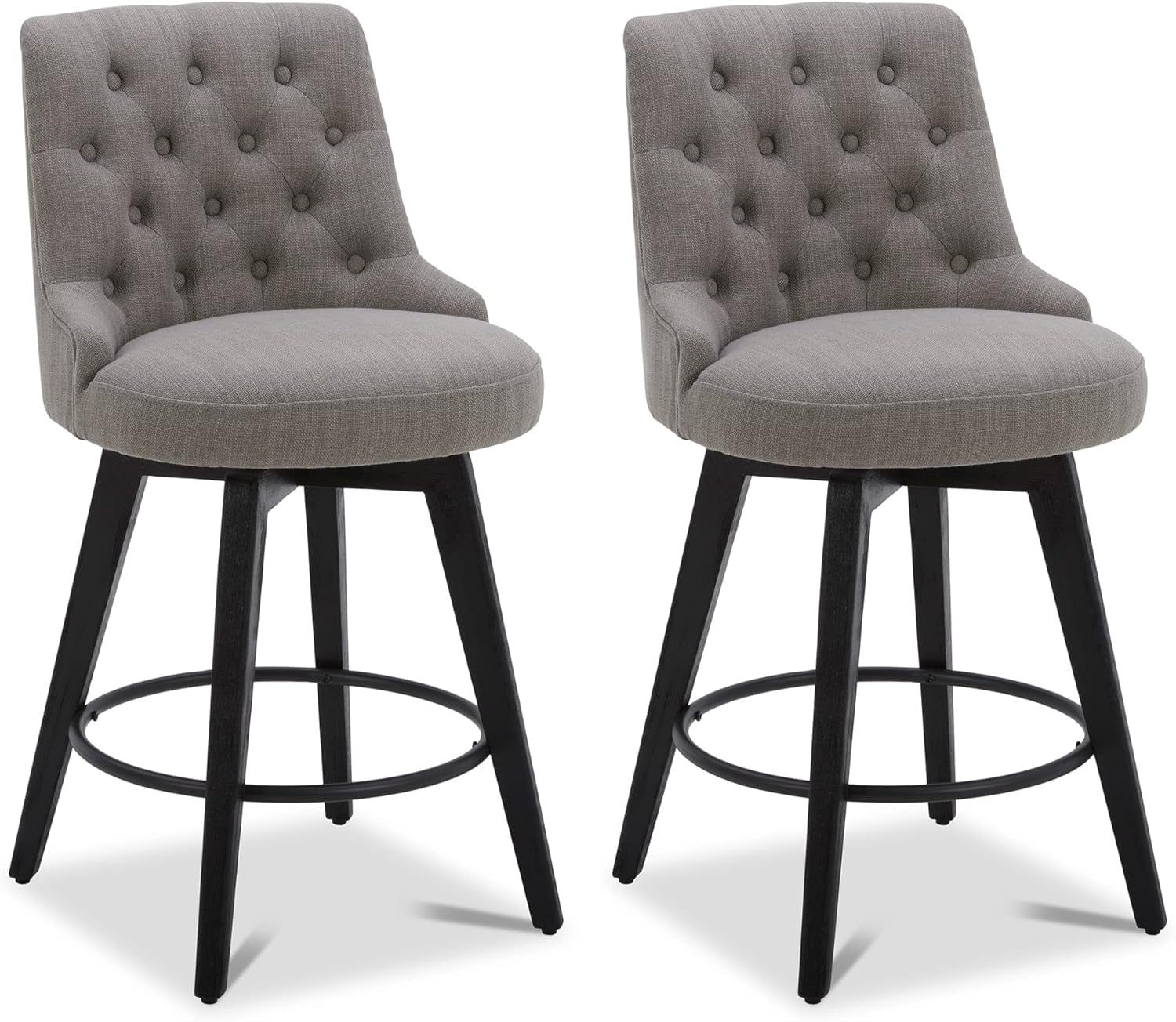 Modern Swivel Bar Stools, Performance Fabric Upholstered Counter Height Bar Stool with Back, Solid Wood Legs, 26&quot; H Seat, Set of 2, Flint Grey