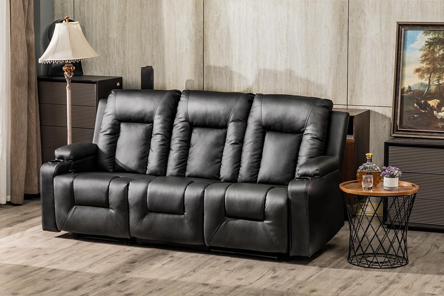 Recliner Chair Set, Furniture 3PC Bonded Leather Recliner Set Living Room Set, Sofa, Recline Chair (Black,Living Room Set 3)
