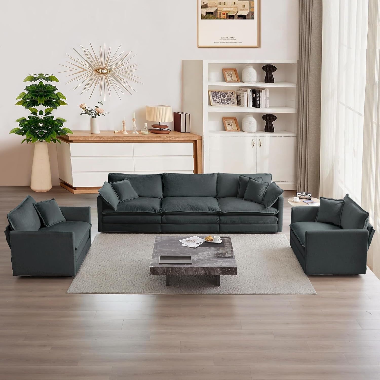 Luxury 3 Piece Sofa Set, 2 Pieces of Single Sofa and 1 Piece of 3 Seater Sofa, Modern Chenille Comfy Cloud Couches Set with 7 Pillows for Living Room Office, Grey