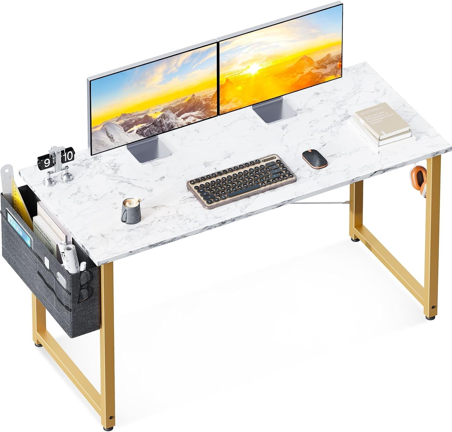 Computer Desk Large Office Desk, 48 Inch Writing Desk with Storage, Modern PC Desk Work Table with Headphone Hook for Home Office, White Marble + Gold Leg