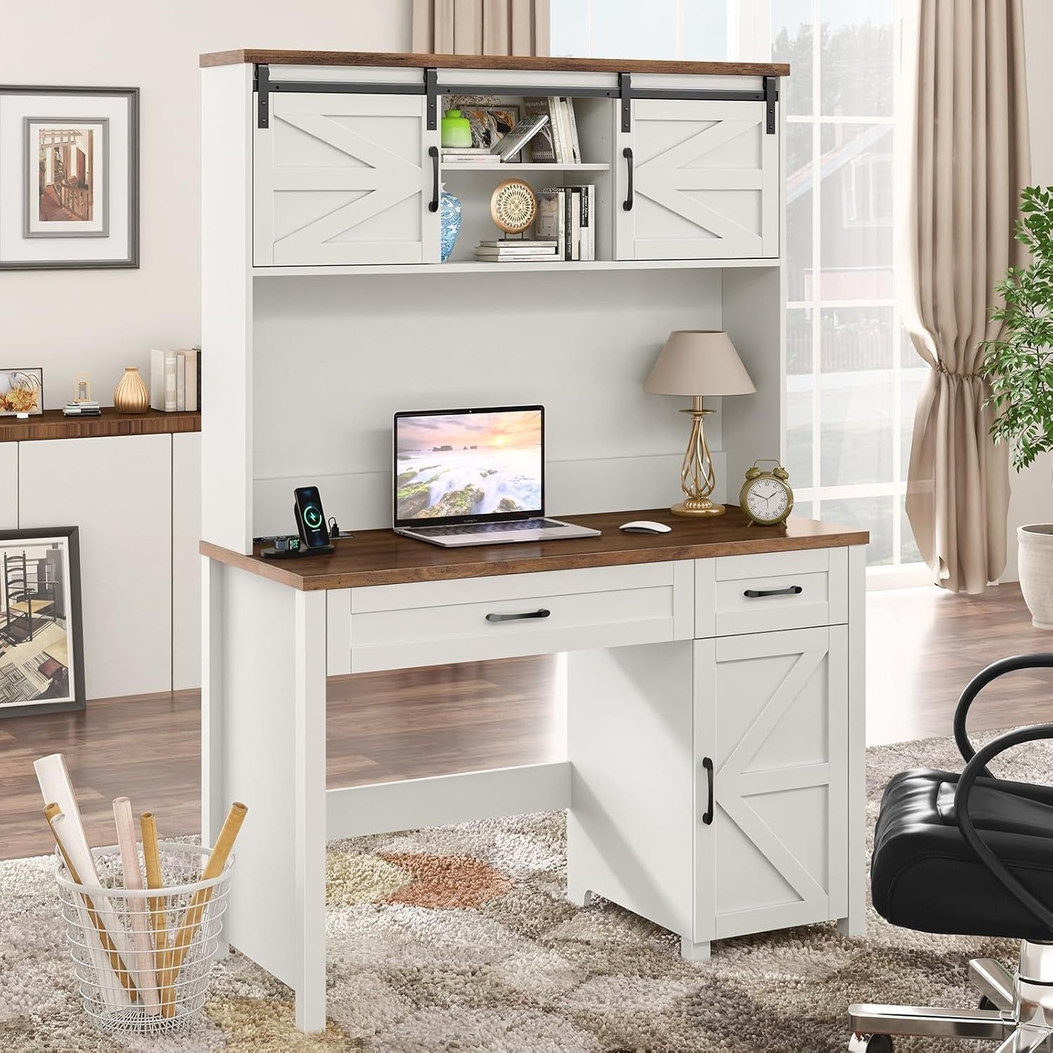 Farmhouse 47&quot; Executive Desk, Computer Desk with Drawers and Storage Cabinet, Workstation Computer Desk with Hutch for Home Office