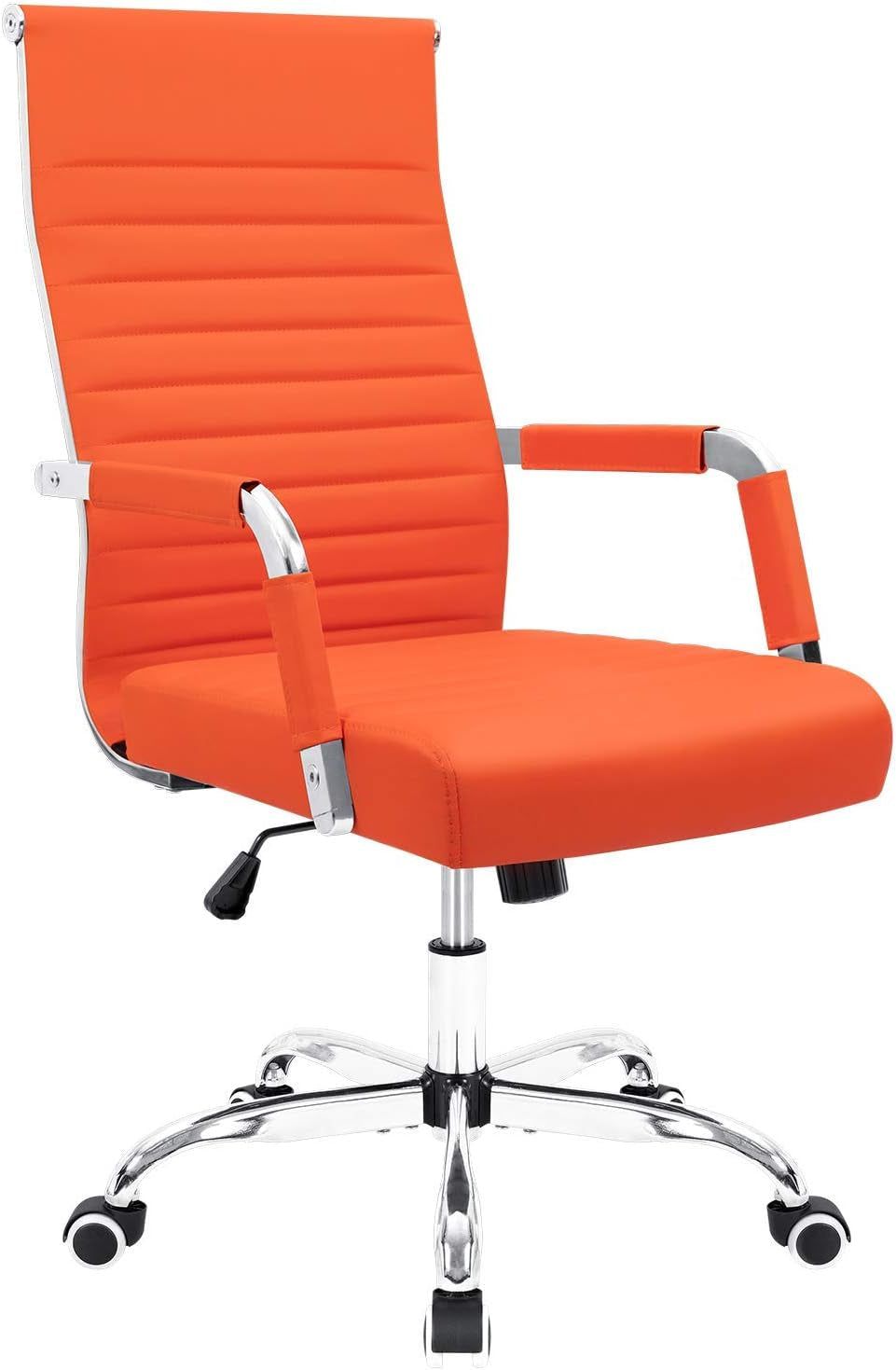 Ribbed Office Desk Chair Mid-Back Leather Executive Conference Task Chair Adjustable Swivel Chair with Arms (Orange)