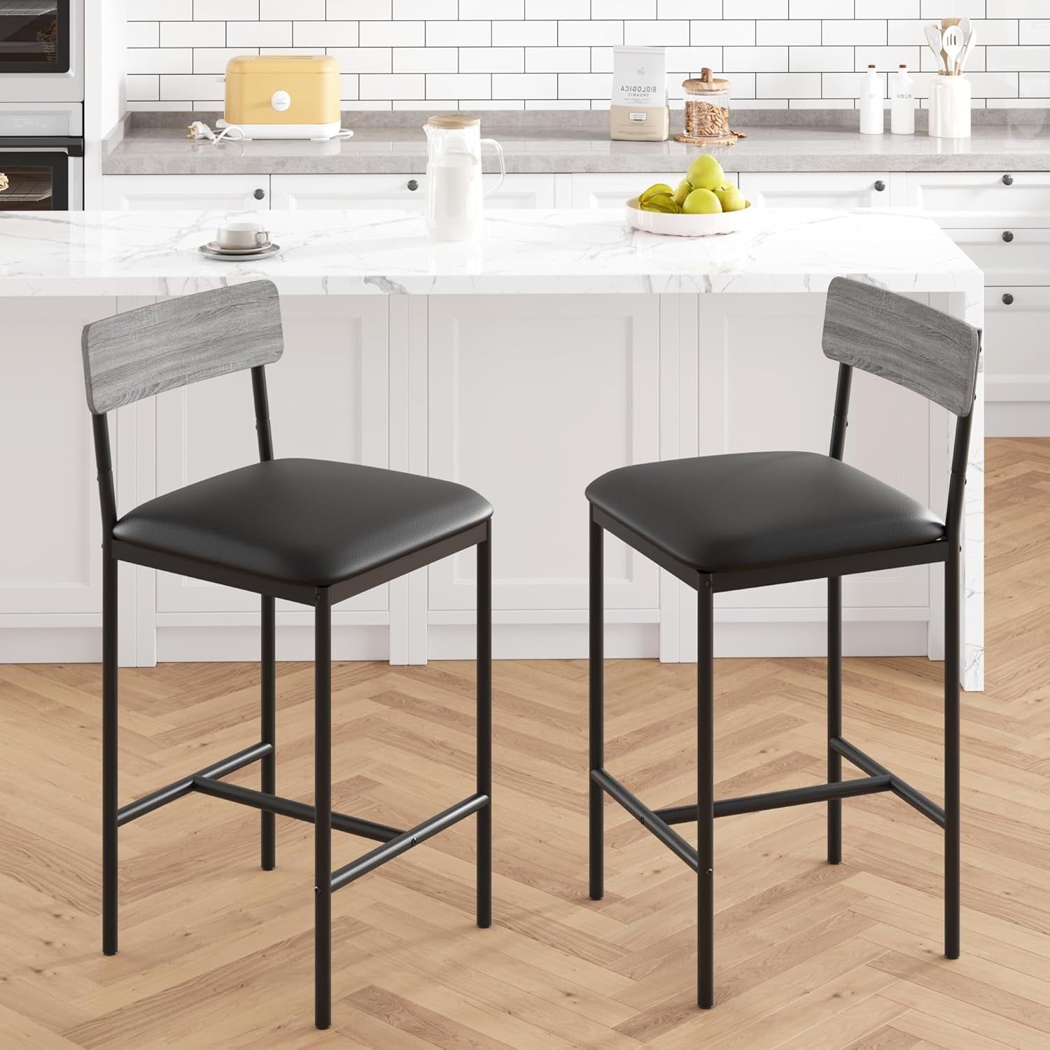 Rustic Gray Upholstered Counter Height Bar Stools (2)
