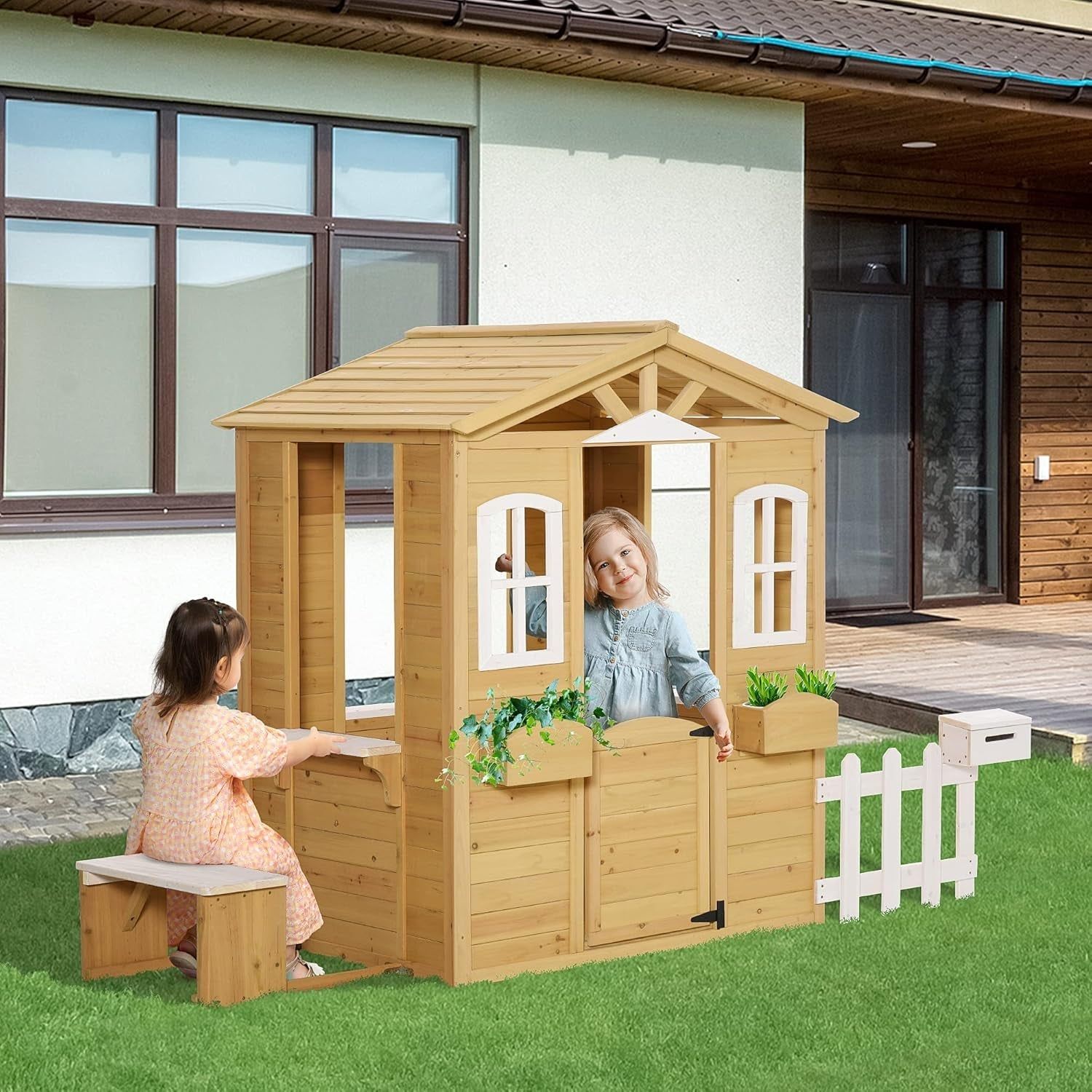 Kids Outdoor Wood Playhouse with Working Features