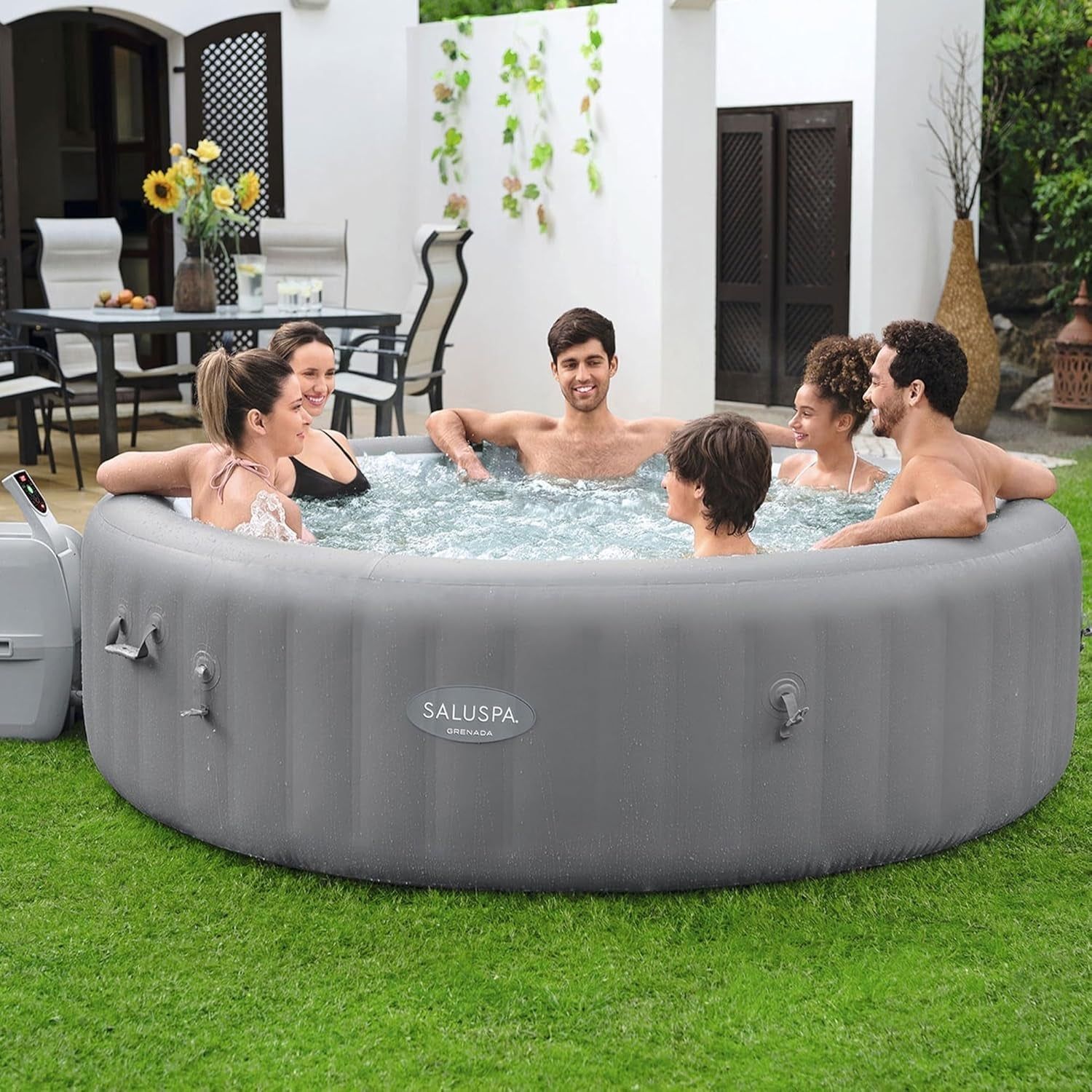Grey 8 Person Inflatable Hot Tub 190 Jets