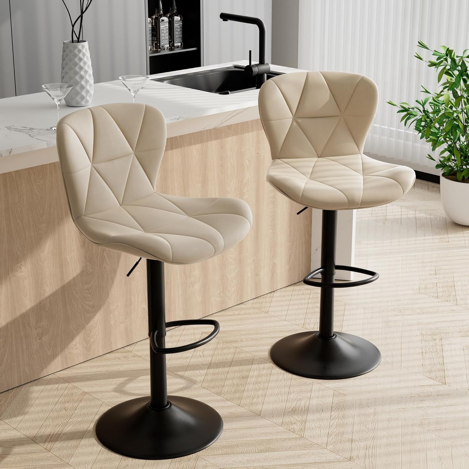 Bar Stools Set of 2,Adjustable Swivel Barstools, Faux Leather Bar Chairs,Upholstered Counter Height with High Backrest for Kitchen Island,Khaki