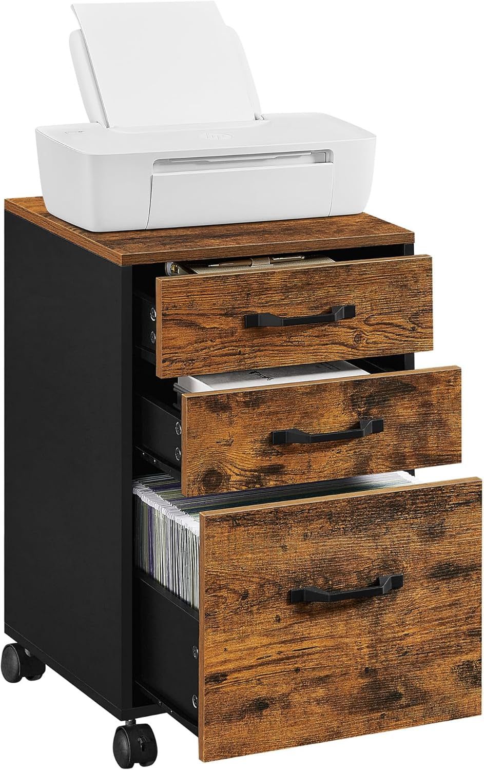 File Cabinet, 3 Drawers Filing Cabinet for Home Office, with Wheels, for A4, Letter Sized Documents, Hanging File Folders, Rustic Brown and Ink Black UOFC065B01