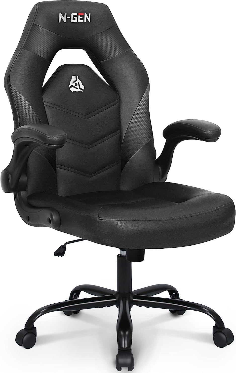 N-GEN Video Gaming Computer Chair Ergonomic Office Chair Desk Chair with Lumbar Support Flip up Arms Adjustable Height Swivel PU Leather Executive with Wheels for Adults Women Men (Black)