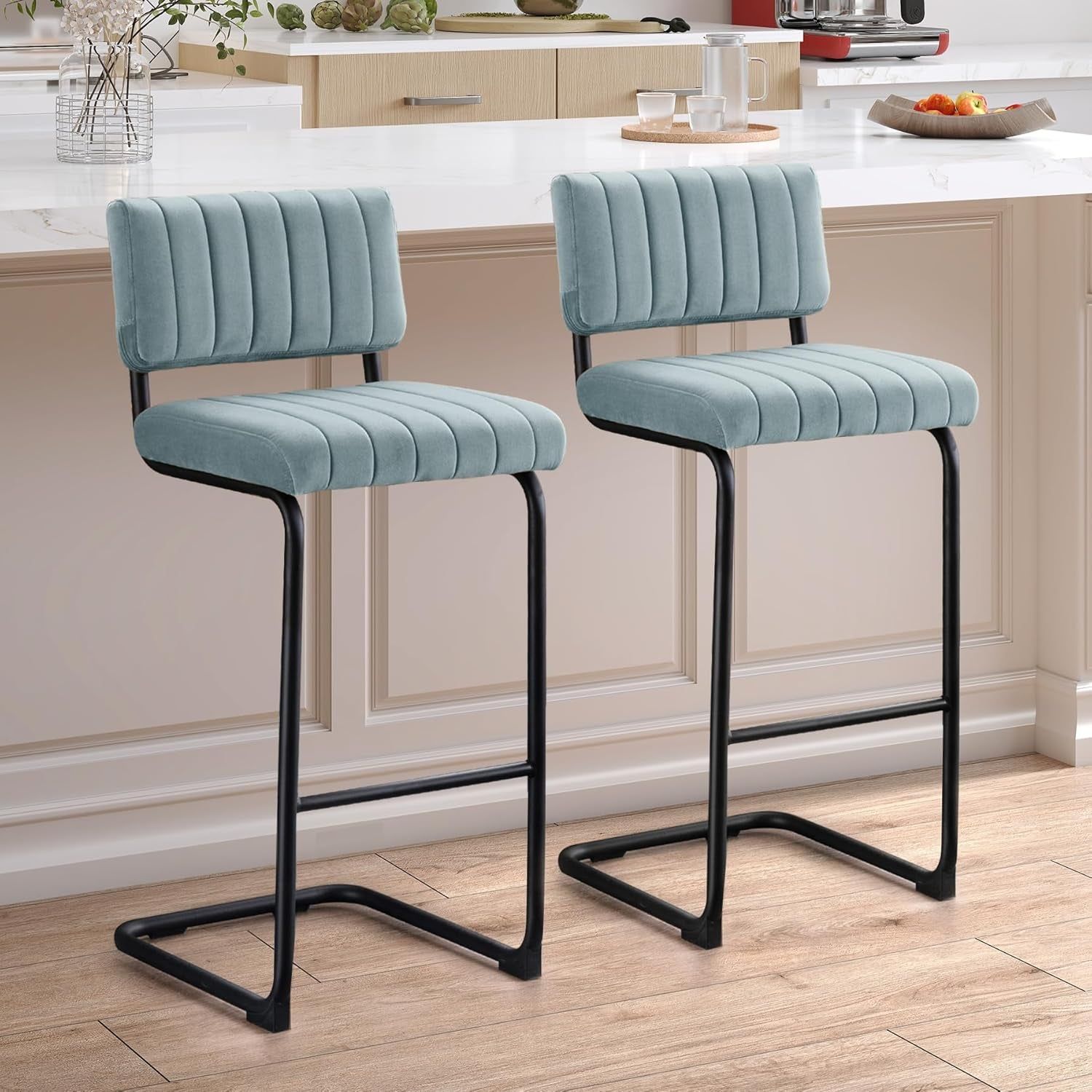30&#39;&#39; Modern Bar Stools with Tufted Backs, Upholstered Velvet Fabric Bar Height Stools Chairs, Mid Century Cantilever Barstools for Kitchen Island Pub Set of 2