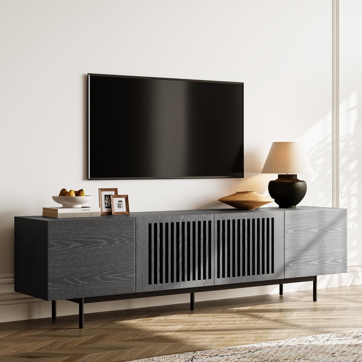Modern Solid Wood TV Stand, Black Entertainment Center for 70 75 Inch TV, Tall TV Cabinet with Slatted Doors, Tall-Cast Metal Legs, Fully-Assembled, 78&quot;