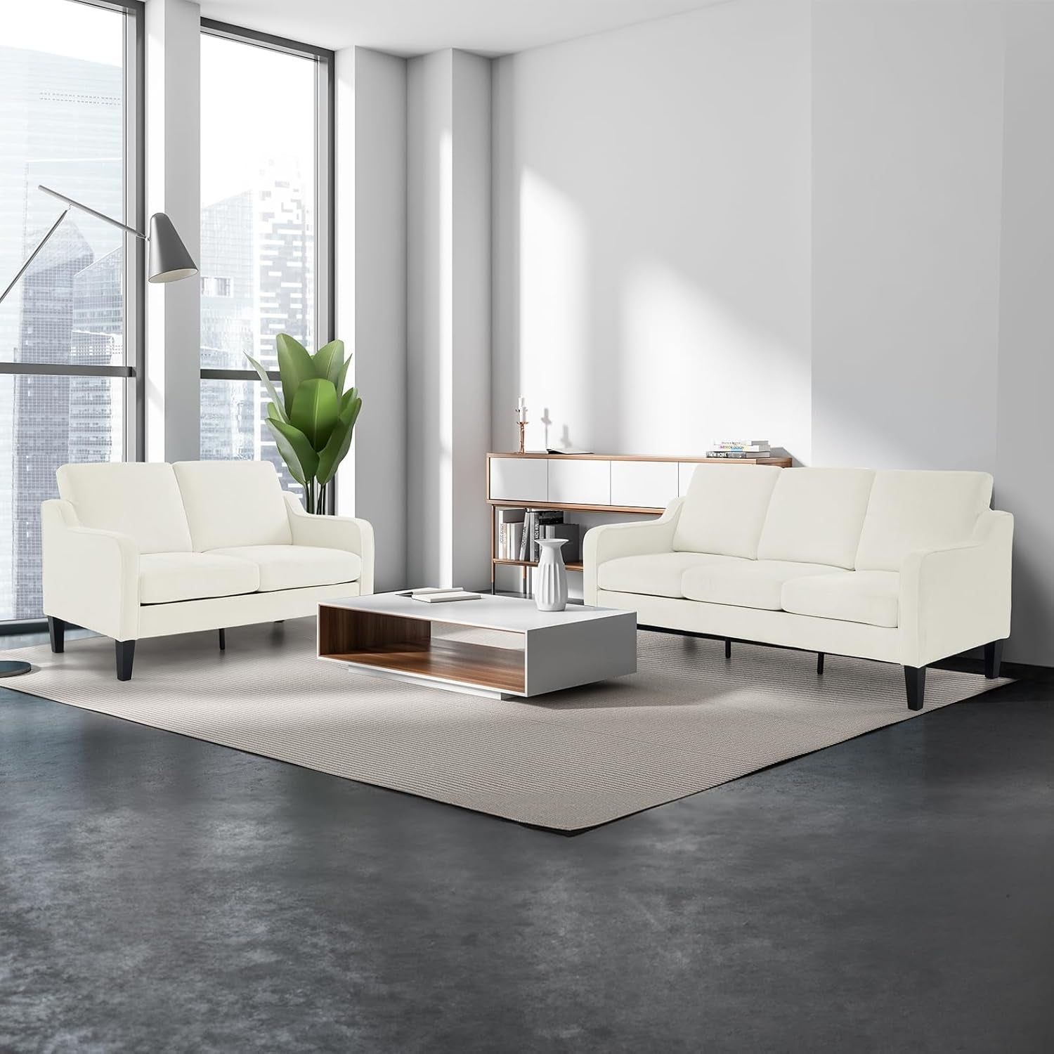 Loveseat Sofa Set for Living Room, Mid-Century Modern Couch and Love Seat Set,53&quot; Loveseat+71&quot; Small Couch for Bedroom Sofa Furniture for Small Spaces Apartment (Cream White)
