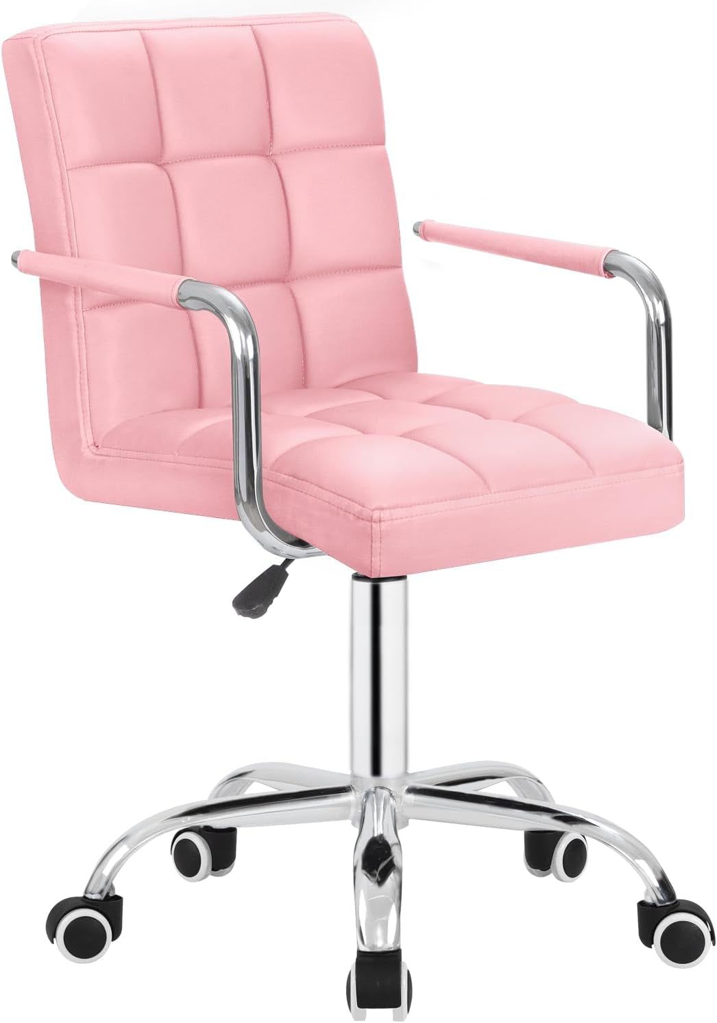 Desk Chair Modern Office Chair with Wheels Vanity Chair PU Leather Mid-Back Rolling Chair Cute Chair for Office, Teen, and Bedroom Desks (Pink)