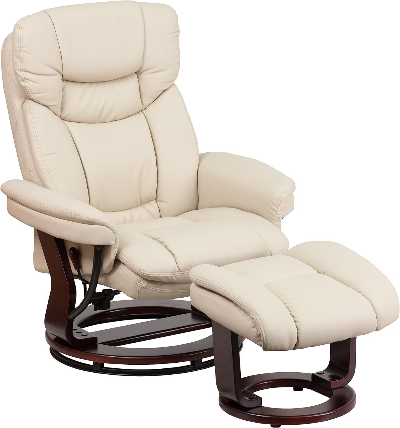 Allie Leathersoft Upholstered Recliner with Ottoman Footrest, Padded Swiveling Recliner Chair and Ottoman Set, Beige