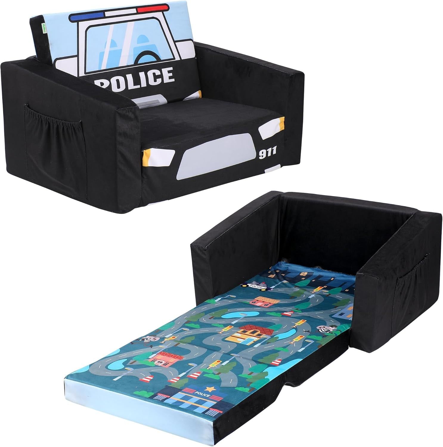 Kids Sofas Toddler Couch Bed Baby&#39;S Upholstered Chair Sleepover Couch Flipout Open Recliner(Black/Police Car)
