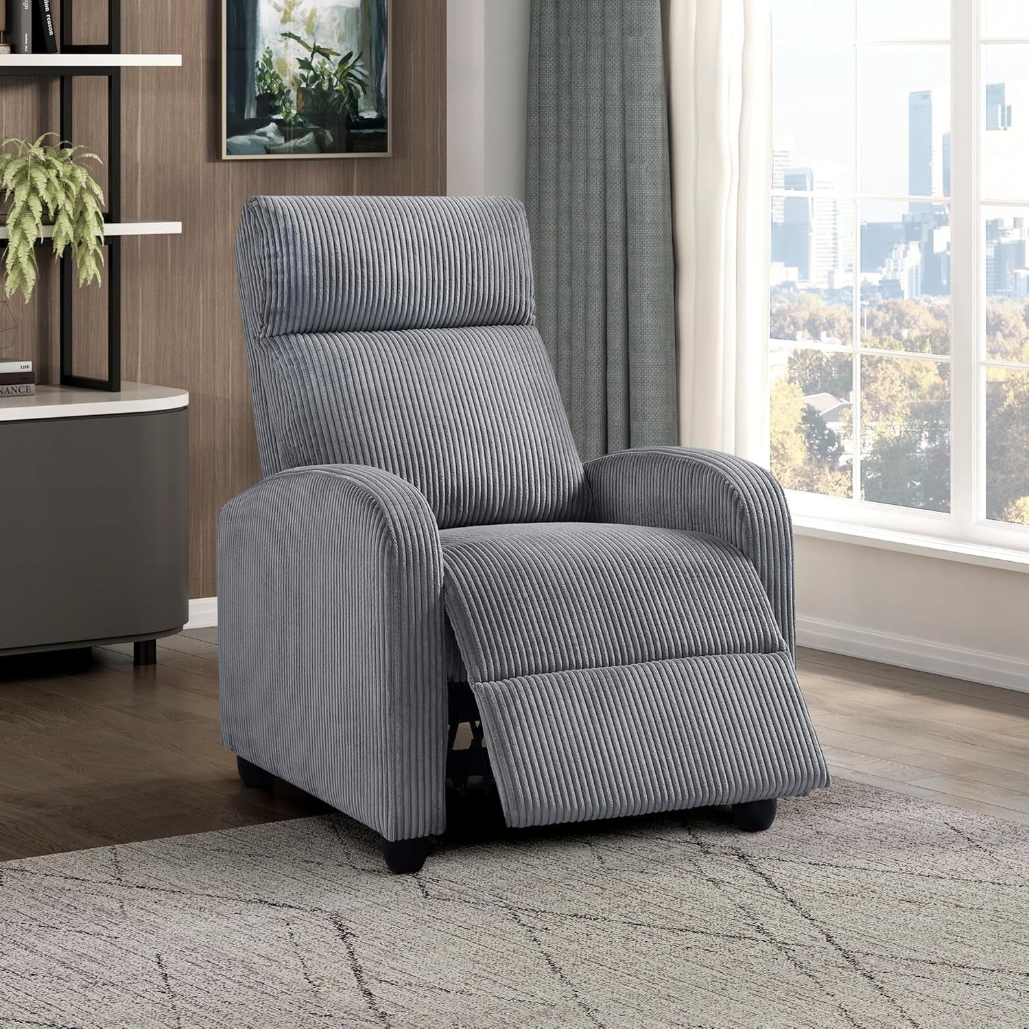 Pushback Recliner Chair Armchair Push Back Recliner, Corduroy Chair with Solid Wood Frame and Metal Seat Base, Single Sofa Accent Chair for Living Room/Office/Apartment, Dark Grey