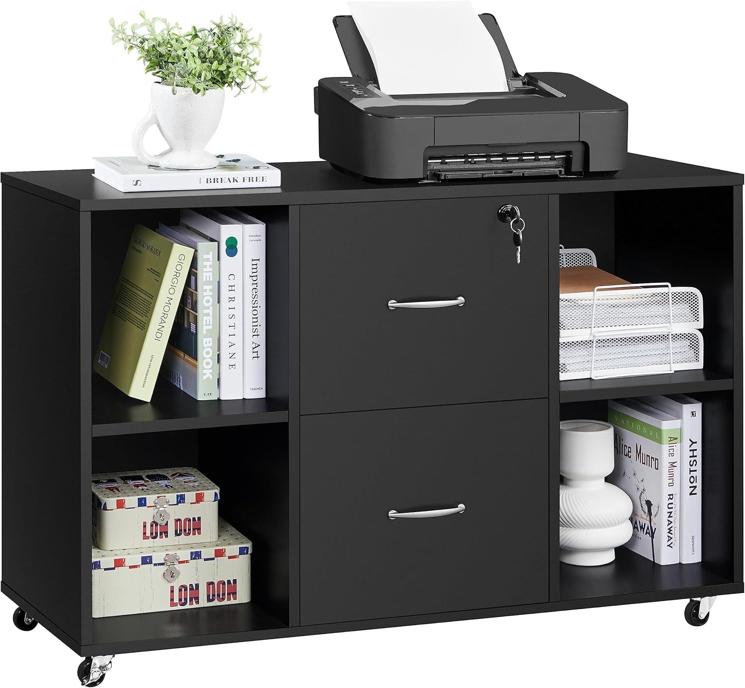 Black File Cabinet Large Mobile Storage Lateral Filing Cabinet with 2 Drawer and 4 Open Compartments,For Letter Size A4 Size, Printer Stand for Home Office, Black
