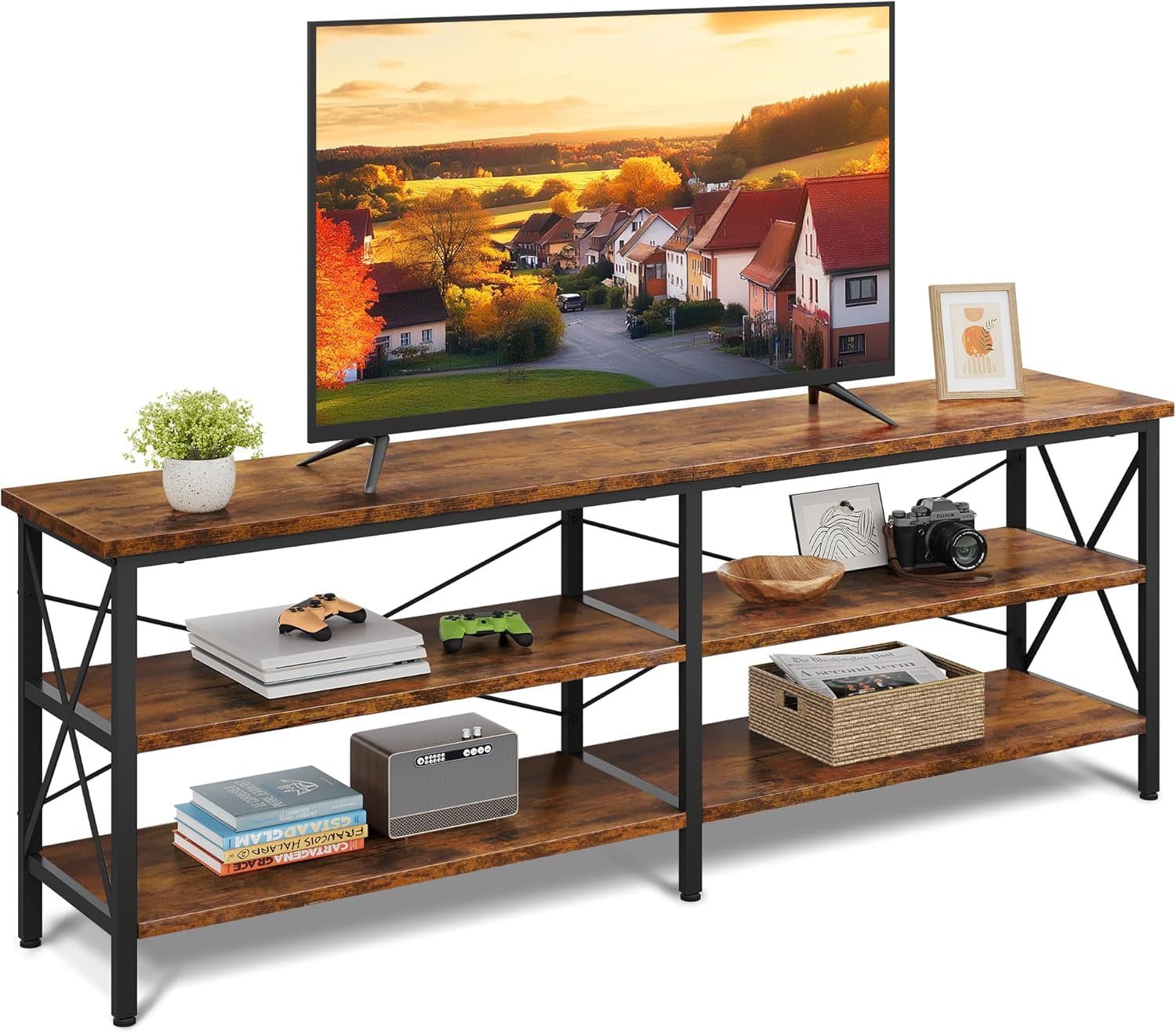 TV Stand up to 70 Inch TV, 63&quot; Entertainment Center, TV Media Console with 3-Tier Storage Shelves for Living Room and Bedroom, Rustic Brown