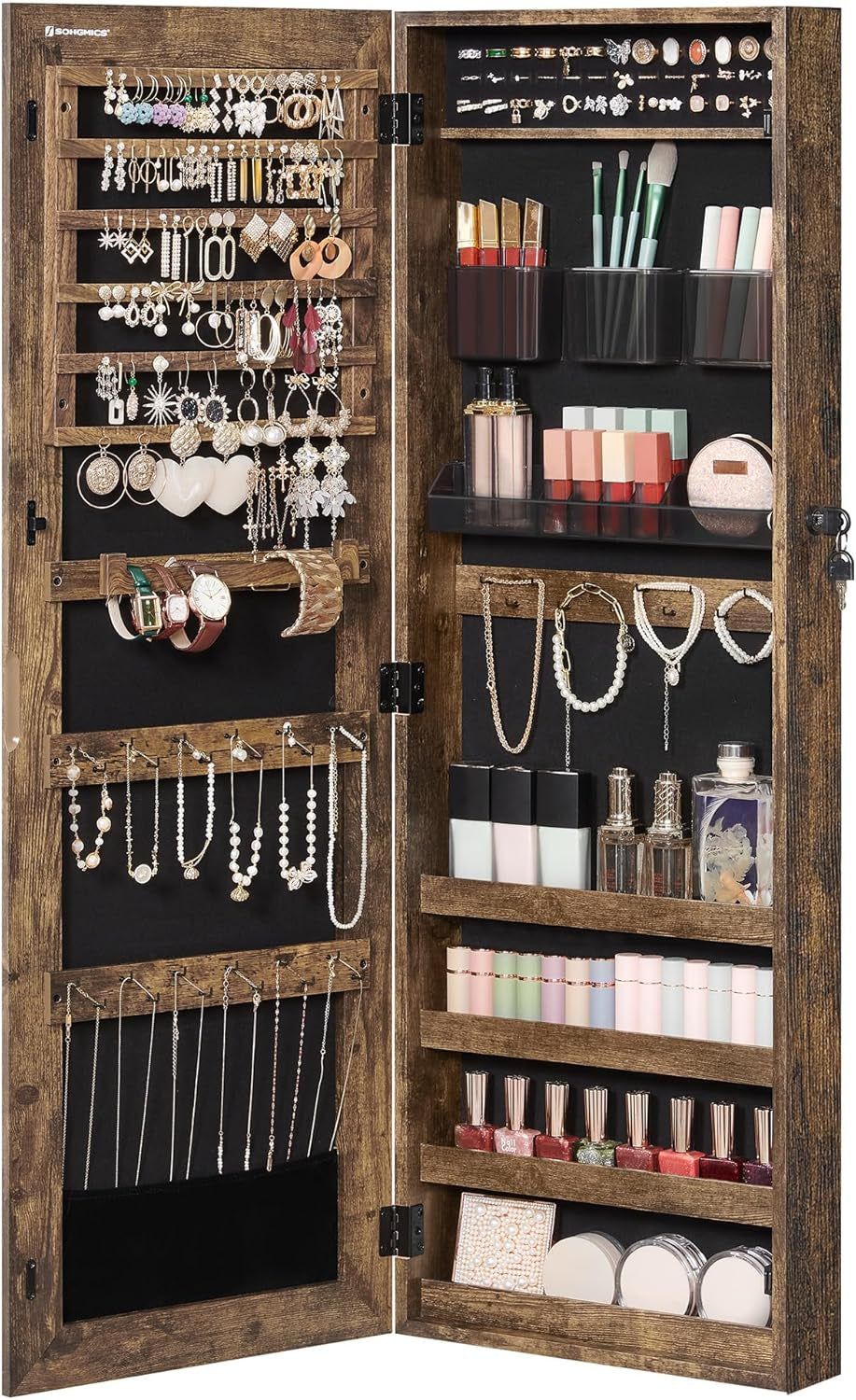 Jewelry Cabinet Armoire, Lockable Wall-Mounted Storage Organizer Unit with 2 Plastic Cosmetic Trays, Full-Length Frameless Mirror, Textured Brown UJJC001X01