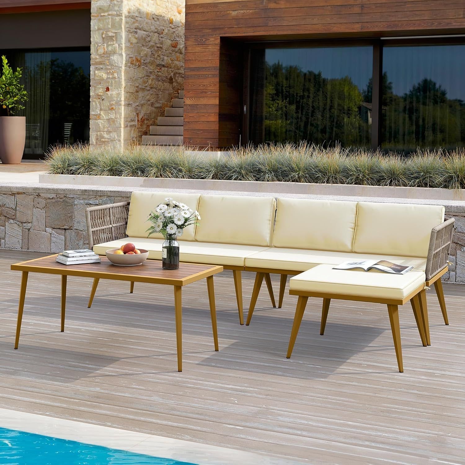 4 Pieces Patio Furniture Set, Outdoor Rattan Woven Conversation Sectional L-Shaped Sofa for Backyard, Porch, Boho Detachable Lounger with Cushions and Side Table - Beige