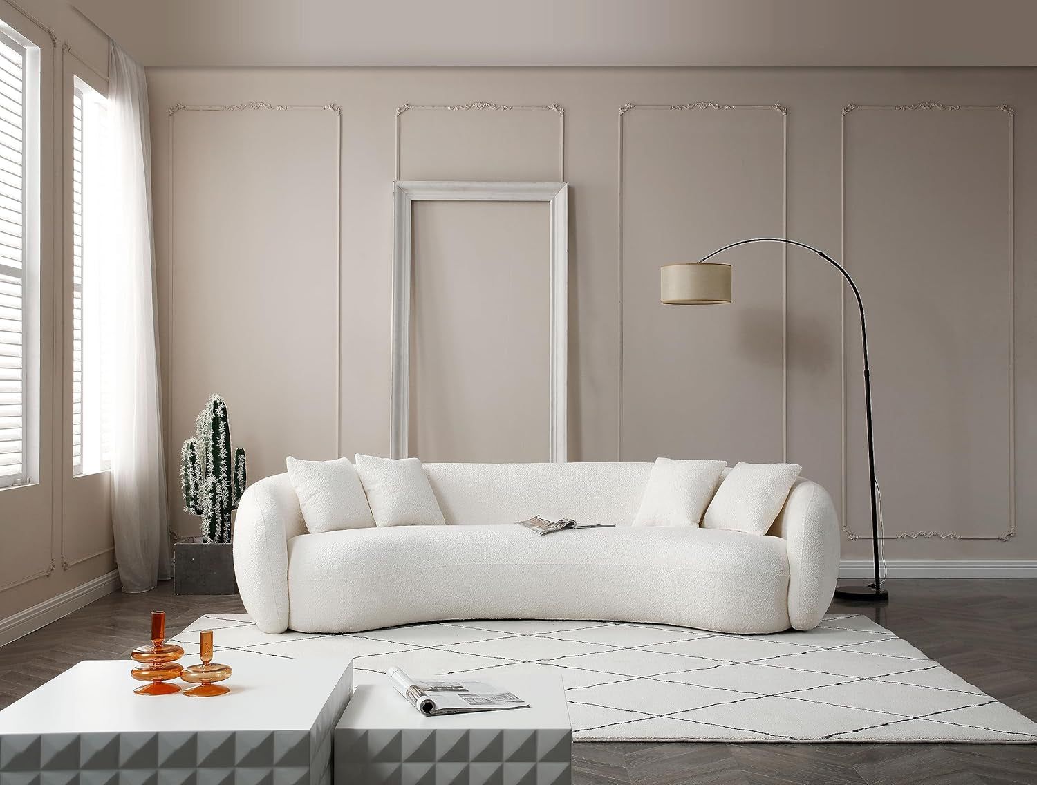 Minimalist Curved Sofa Set,Mid-Century 5 Seat Teddy Fleece Boucle Couch with 4 Throw Pillows, Oversized Cloud Sofa &amp; Couches Decor Furniture for Living Room