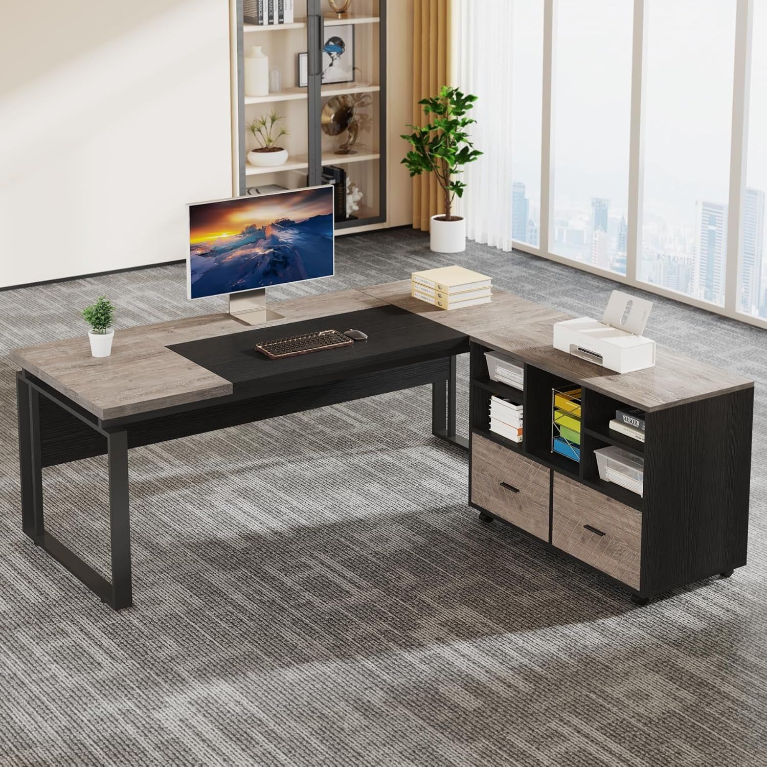 L-Shaped Executive Desk with Reversible File Cabinet, 63&quot; Office Desk with Storage Drawers, L-Shaped Computer Desk with Drawer Cabinet for Hanging Letter Size Files (Gray &amp; Black)