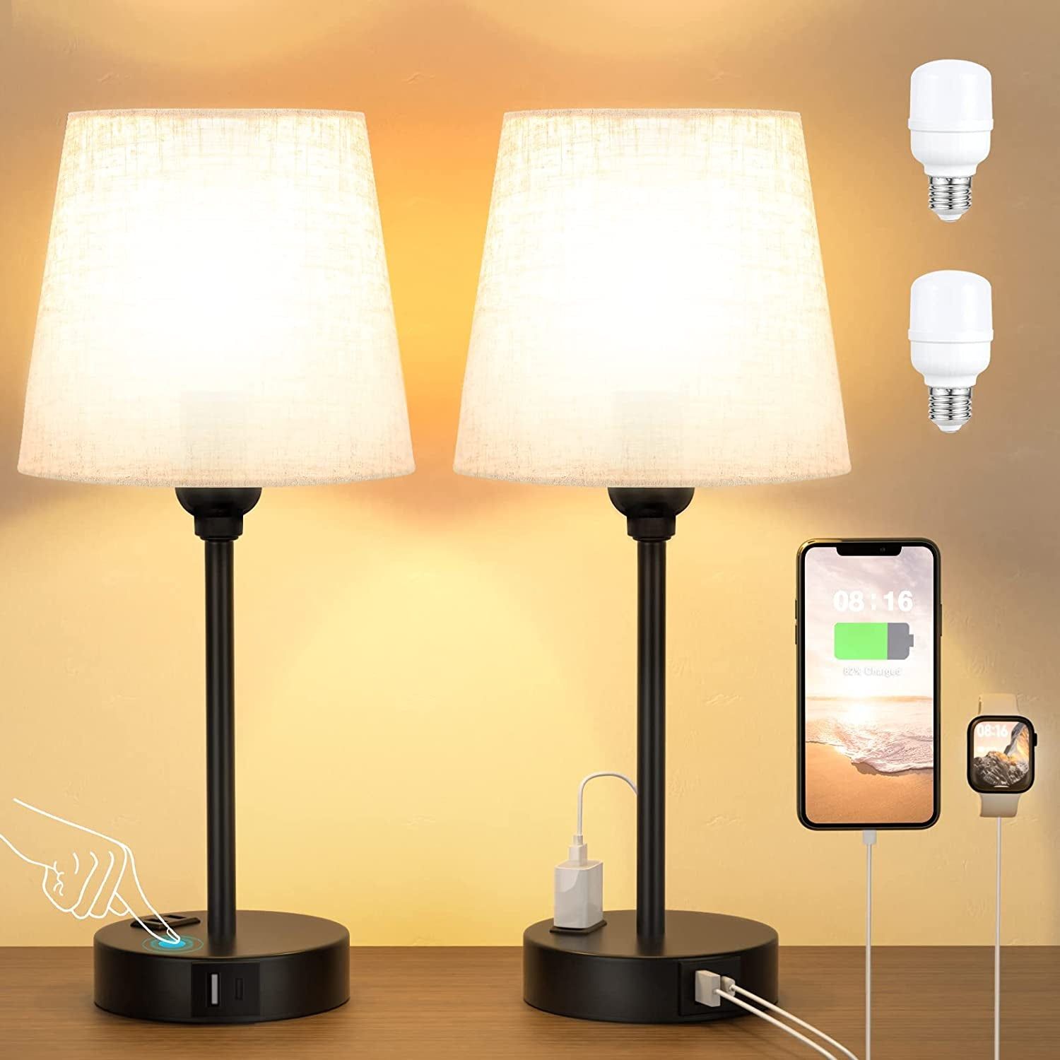 Set of 2 Mini Bedside Lamps with USB and AC Outlets