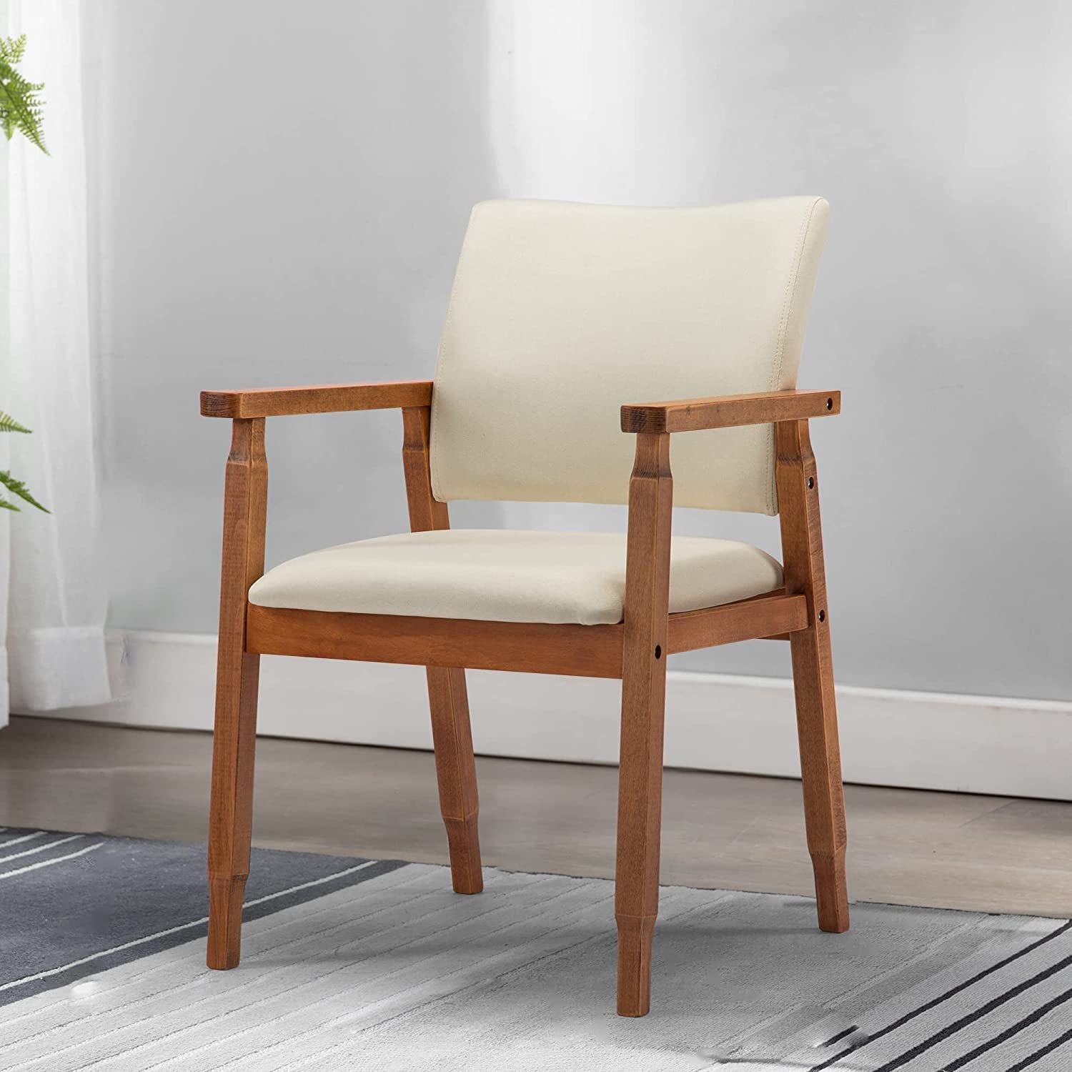 Mid Century Modern Walnut Dining Chairs Wood Arm Beige Fabric Kitchen Cafe Living Room Decor Furniture