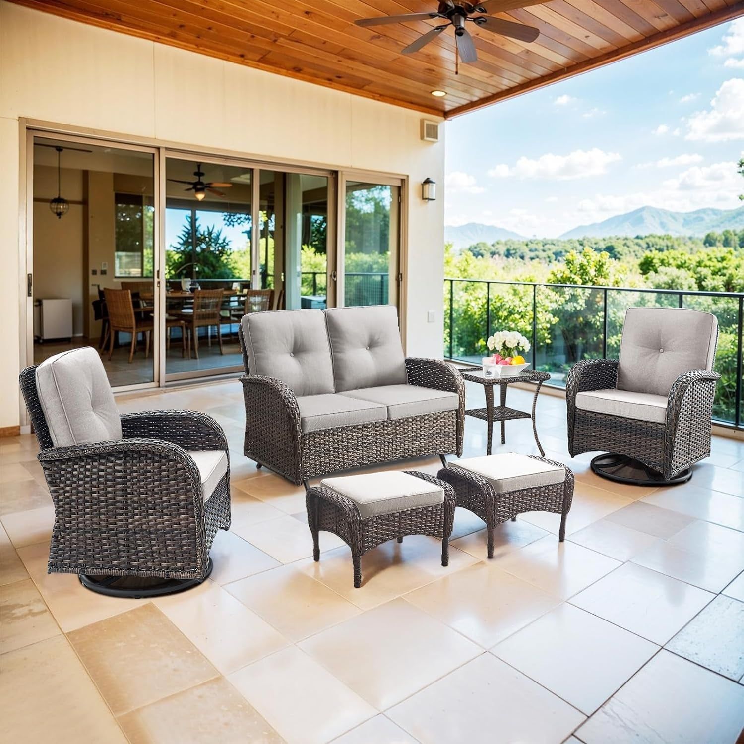 6 Pieces Wicker Patio Conversation Sets with Outdoor Swivel Rocker Chairs and Loveseat Glider Chair, All-Weather Rattan Furniture Set for Deck Patio Backyard Sunroom Brown