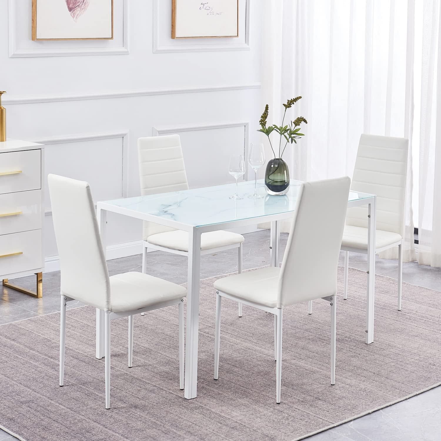Marbled Glass Kitchen Table, Rectangular, White