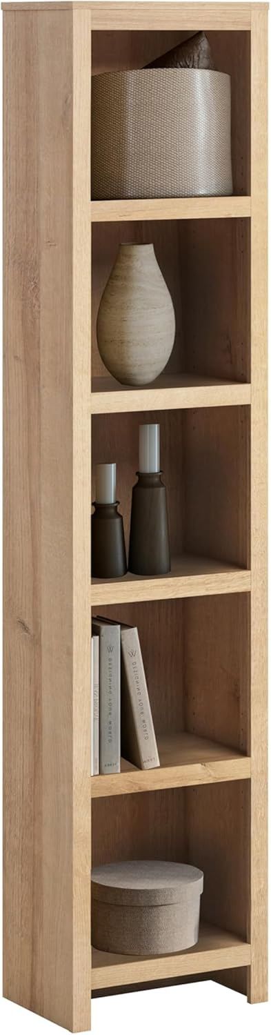 Moda 80&quot; Tall 5-Tier Narrow Bookcase in Natural Oak, Modern Storage Accent Bookshelf with 3 Adjustable Shelves for Home, Office, Living Room, Bedroom