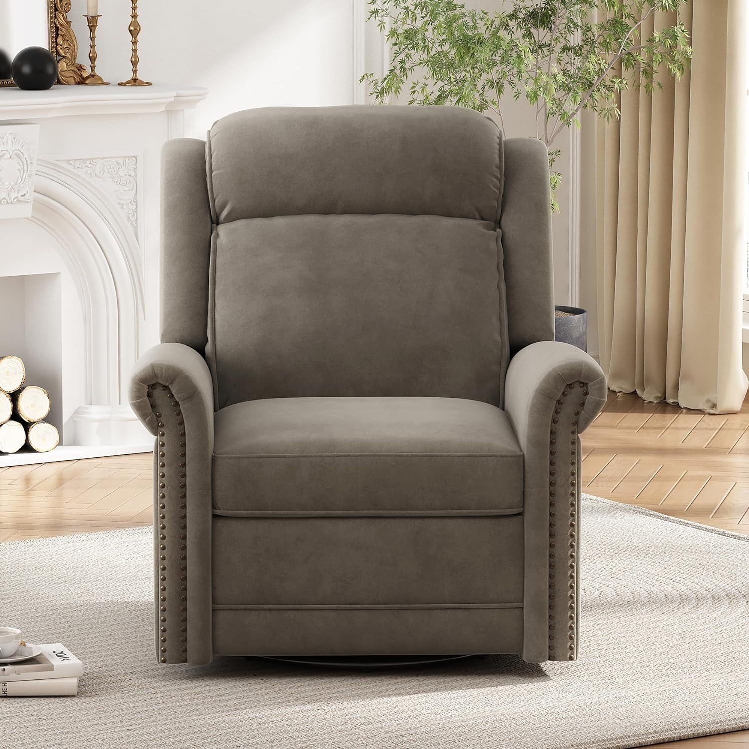 Light Brown Velvet Swivel Rocker Recliner Nailhead