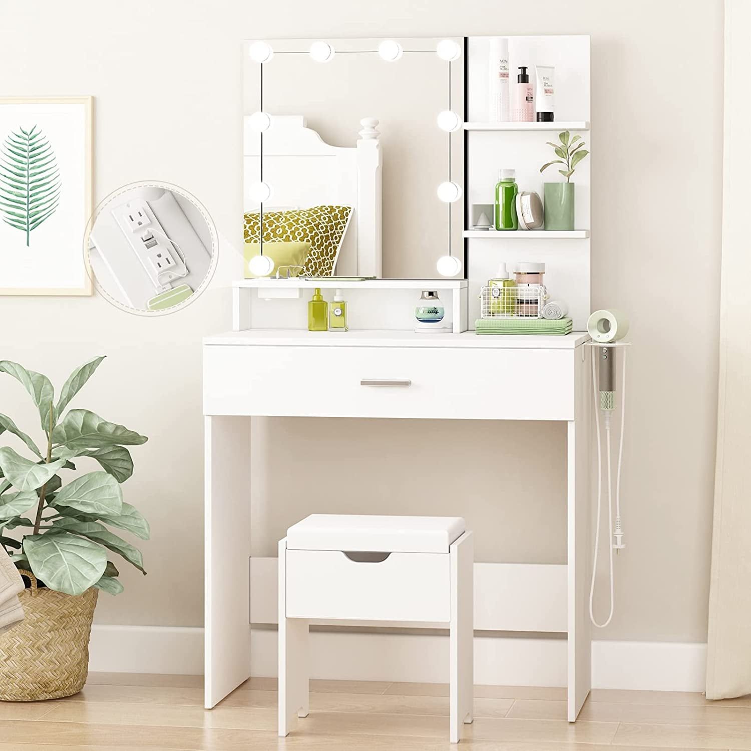 White Vanity Set with Lighted Mirror &amp; Power