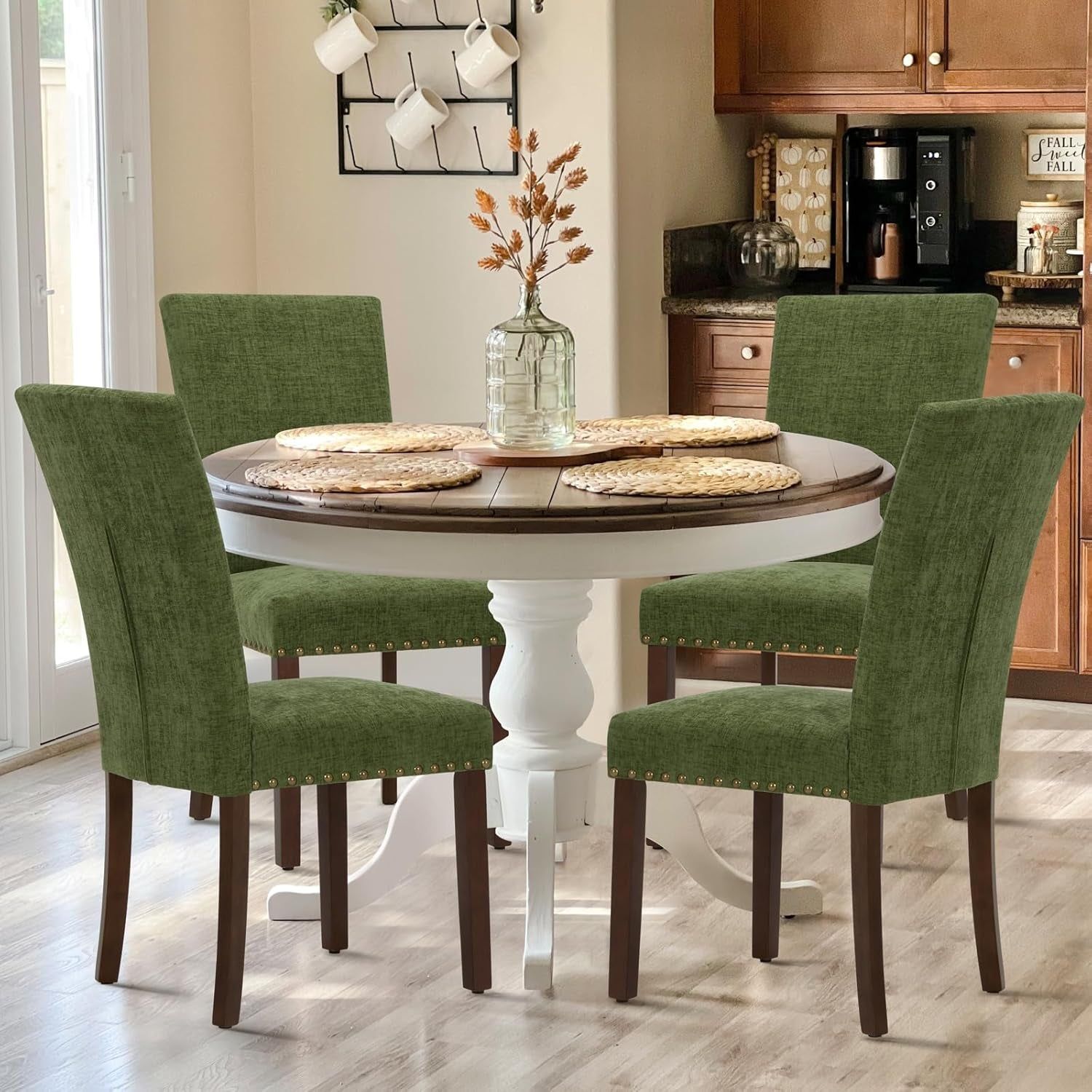 Upholstered Parsons Dining Chairs Set of 4, Fabric Dining Room Kitchen Side Chair with Nailhead Trim and Wood Legs - Green