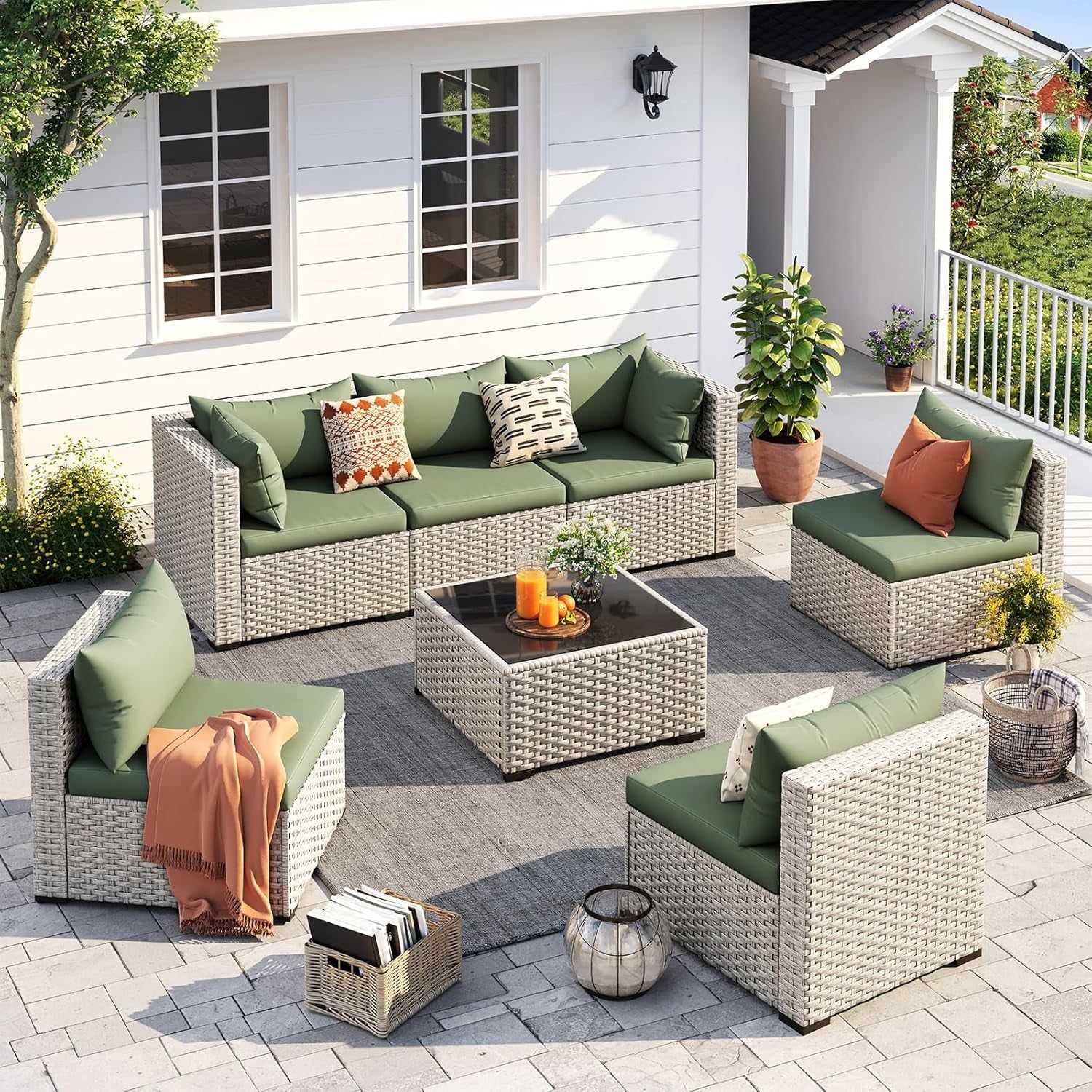 Outdoor Patio Furniture Set, 7-Piece PE Wicker Sectional Sofa with Tea Table, Outdoor Conversation Set for Patio, Garden, Backyard Green