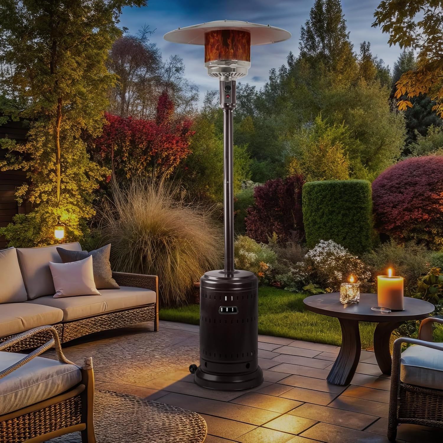 46,000 BTU Outdoor Propane Patio Heater with Wheels, Commercial &amp; Residential, Havana Bronze, 32.1 X 32.1 X 91.3 Inches (Lxwxh)