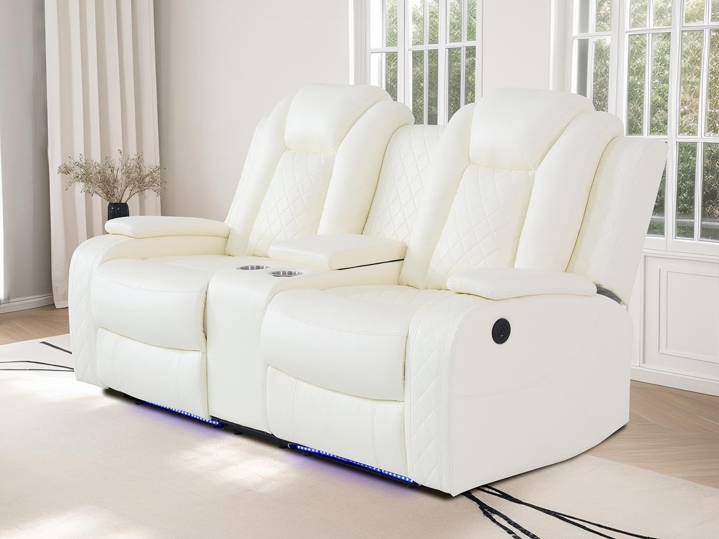 Living Room Set Leather Sofa Power Recliner Living Room Furniture Set Power Manual Loveseat with Cup Holders/Storage Console/Led Light for Living Room/Apartment(Creamy White, Loveseat)