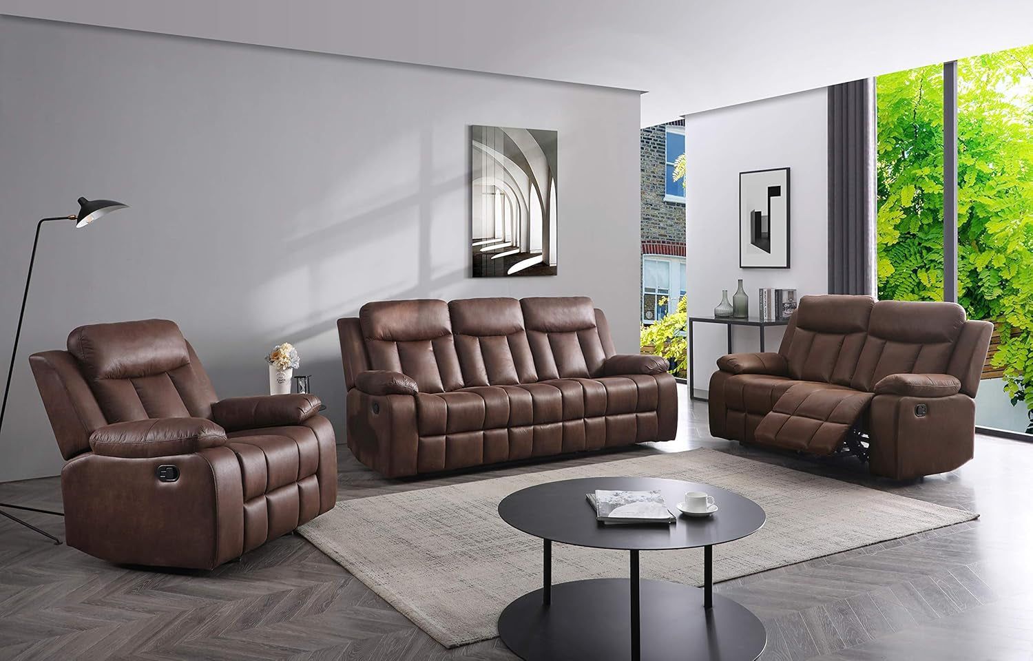 3-PC Microfiber Fabric Recliner Set Living Room Set in Brown, Sofa Loveseat Chair Pillow Top Backrest and Armrests 8028 (Living Room Set 3+2+1)