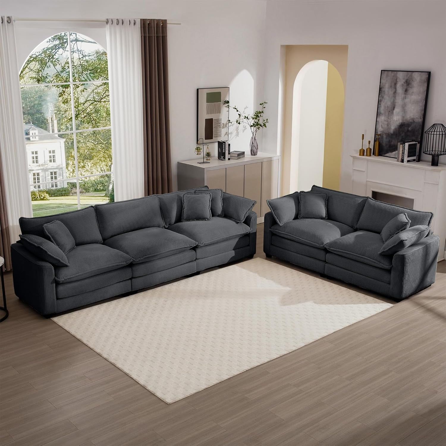Oversized 2 Piece Sofa Set for Living Room, 3-Seater &amp; Loveseat Couch, Modular Sectional Deep Seat Corduroy Comfy Cloud Couches with 4 Armrest Pillows and 5 Toss Pillows, Grey