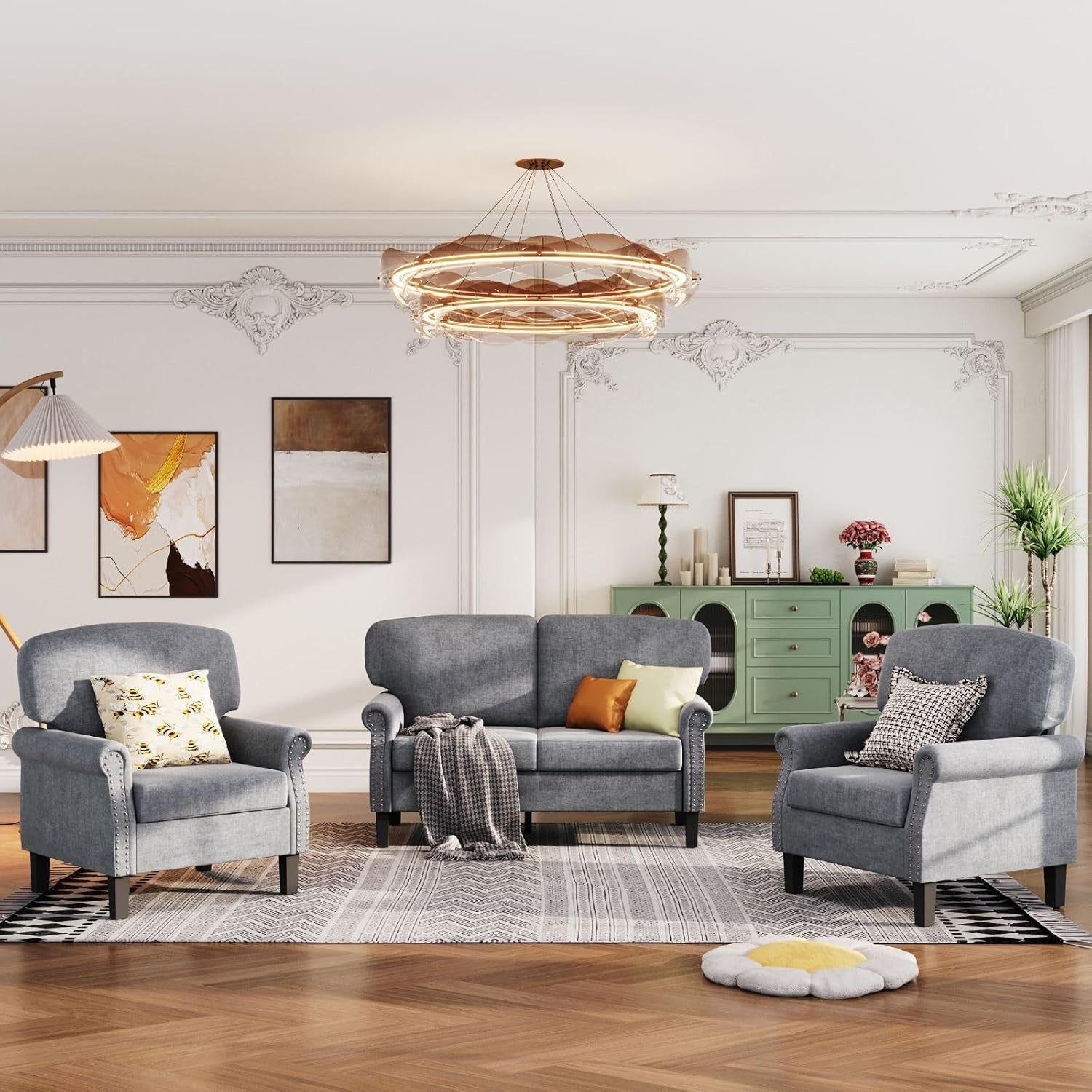 3 Piece Living Room Furniture Set, 1 Loveseat &amp; 2 Accent Chairs, Linen Fabric Comfy Sectional Sofa Couch for Living Room, Bedroom, Grey