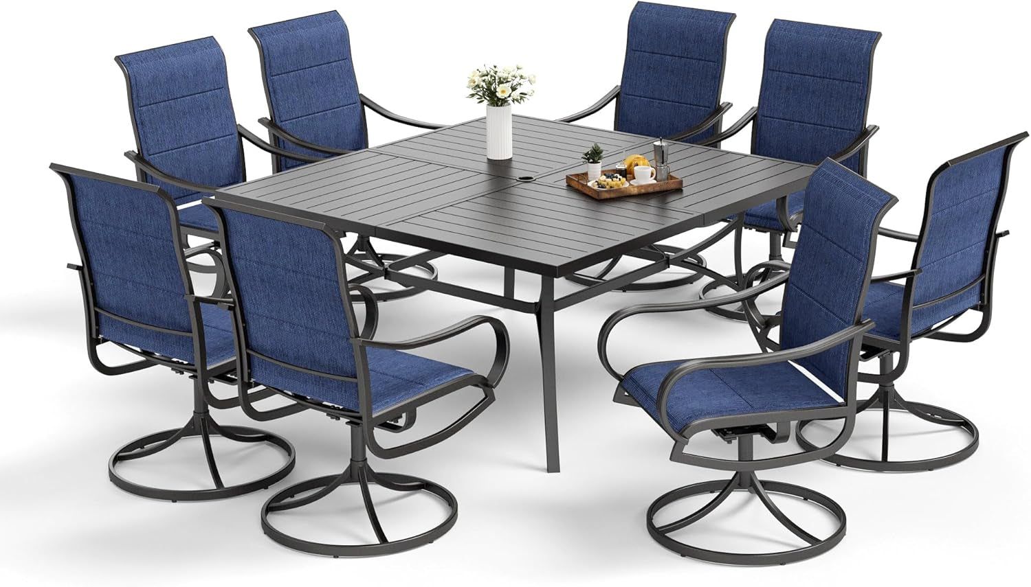 9 Pieces Patio Dining Sets,Outdoor Furniture Set Including 1X 60 Square Table and 6 Padded Sling Swivel Chairs Metal Dining Set for Backyard,Blue