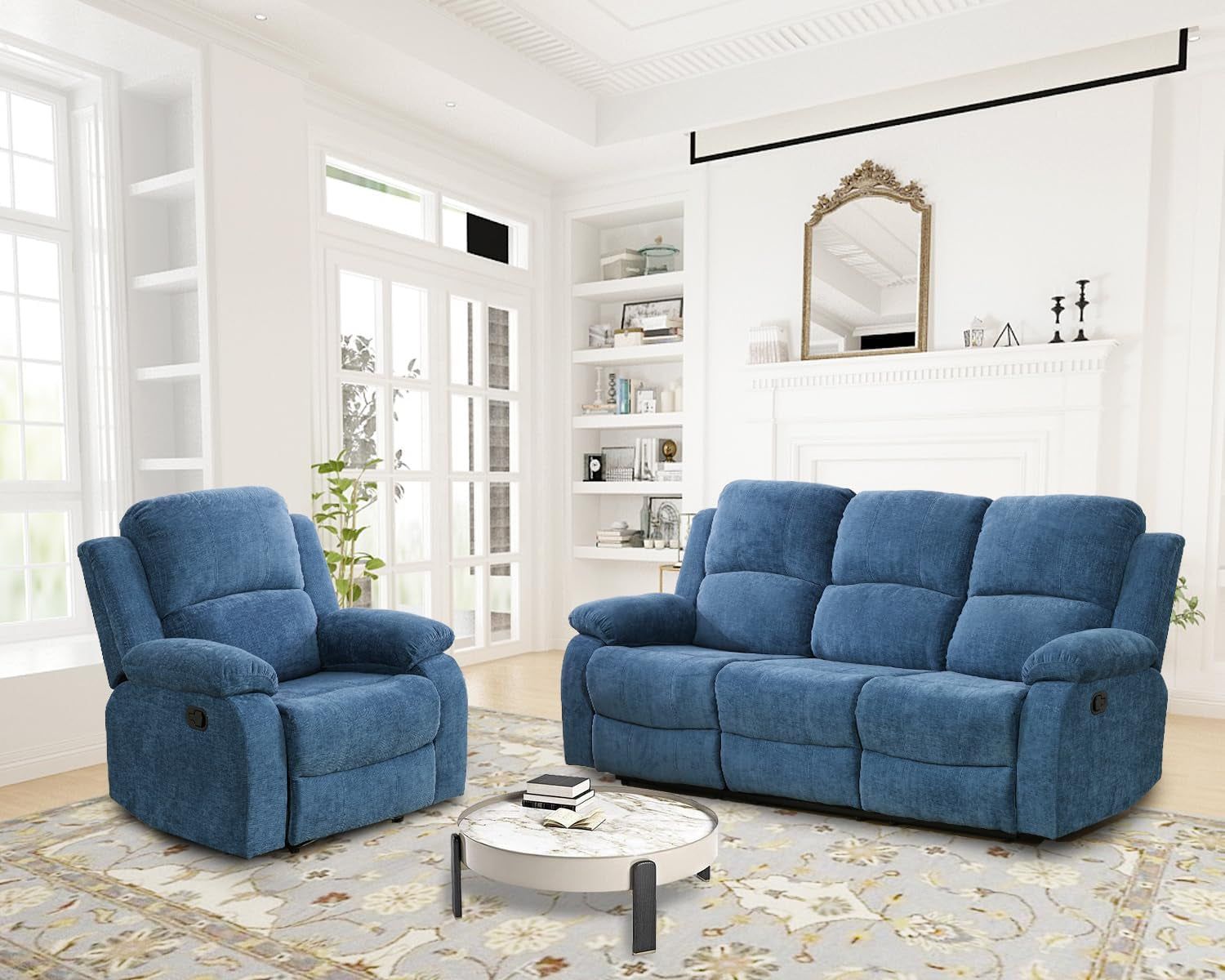 Recliner Sofa Set Living Room Furniture, Microfiber Fabric Reclining Sofa Set, Recliner Couch Set with Cup Holders for Office Home (Sofa and Chair Set, Blue)