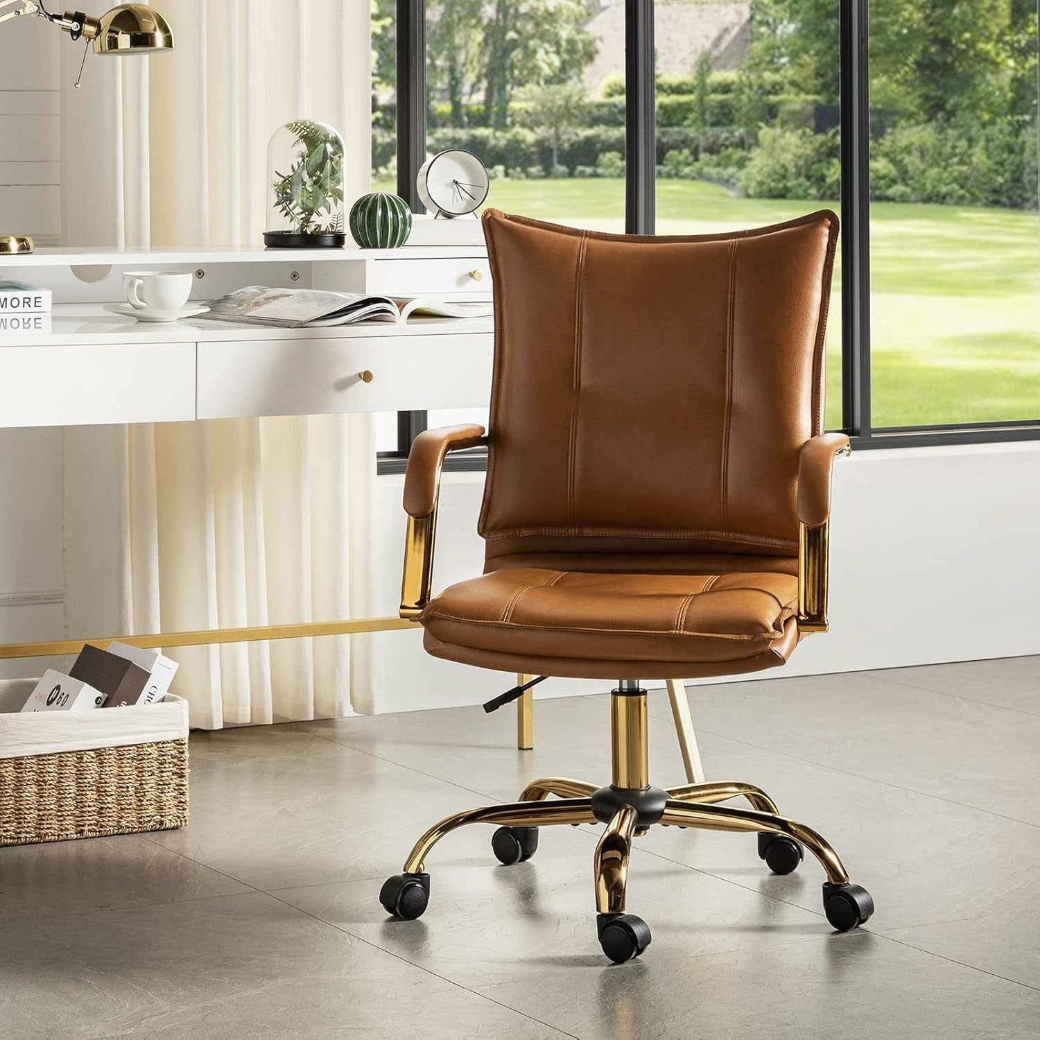Faux Leather Home Office Desk Chair, Adjustable Swivel Computer Chair with Golden Legs and Arms, Comfy Upholstered Task Chair,Camel