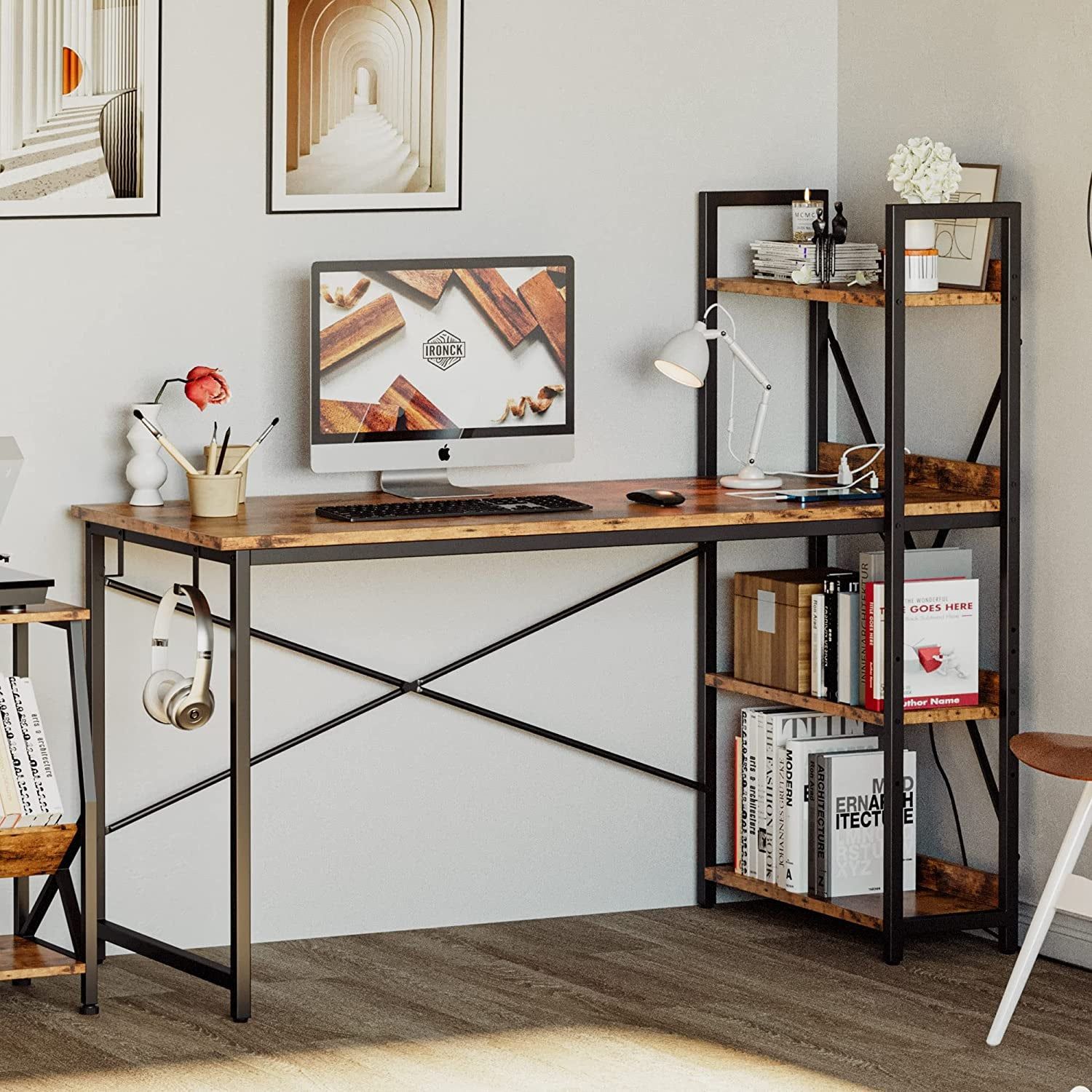 Rustic Brown Desk with Power &amp; Storage