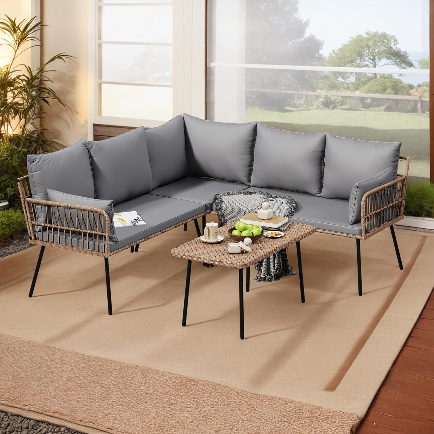 Patio Furniture Set, 4 Pieces Wicker Outdoor Conversation Set Sectional L-Shaped Sofa with 5 Seater for Backyard, Porch, Boho Detachable Lounger with Cushions and Side Table - Grey