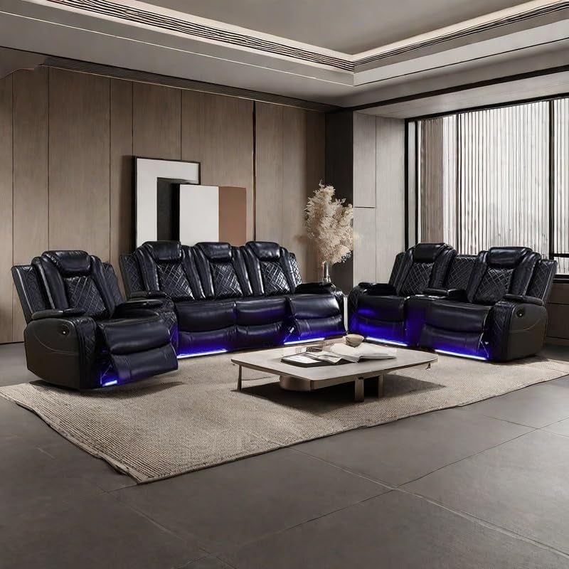 Power Recliner Set with LED Lights, Air Leather Reclining Set with USB Port/Wireless Charger/Storage Console/Cup Holder for House/Hometheater/Apt (Black, Sofa Loveseat Chair)
