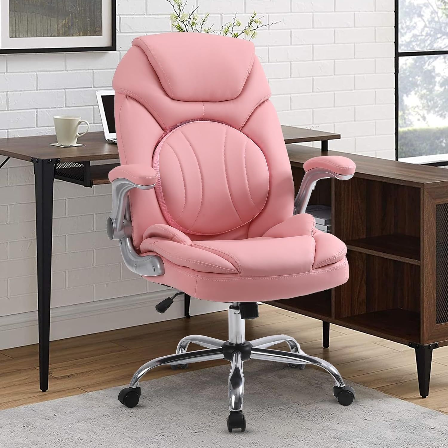 Ergonomic Executive Office Chairs with Adjustable Lumbar Support, 90-120° Rocking Managerial Chair Swivel Desk Chairs with Padded Flip-Up Armrests (Pink), Medium(300Lbs)