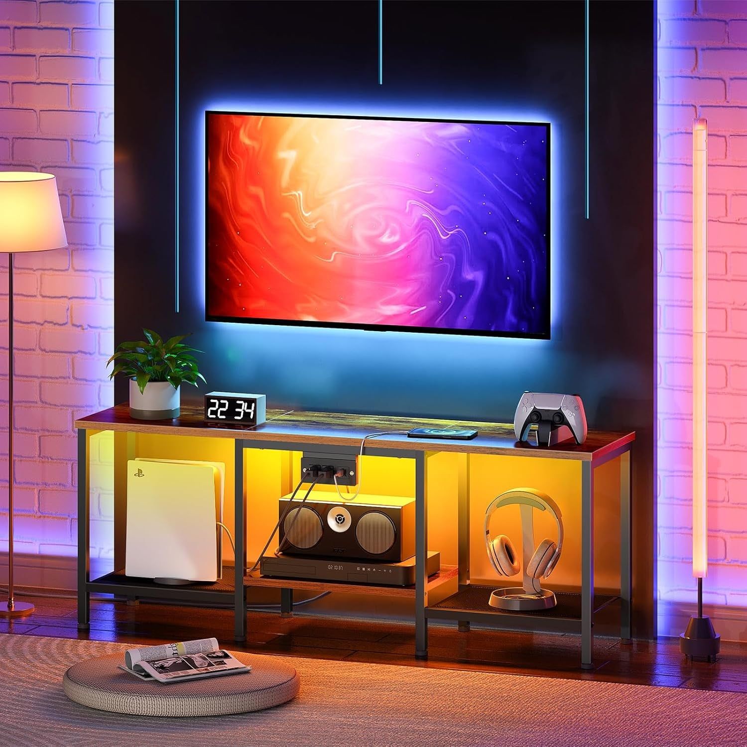TV Stand with Charging Station to 55 Inches, LED Entertainment Center, Media TV Console Table with Open Storage Shelving for Living Room, Bedroom, Rustic Brown and Black BF122UDDS01