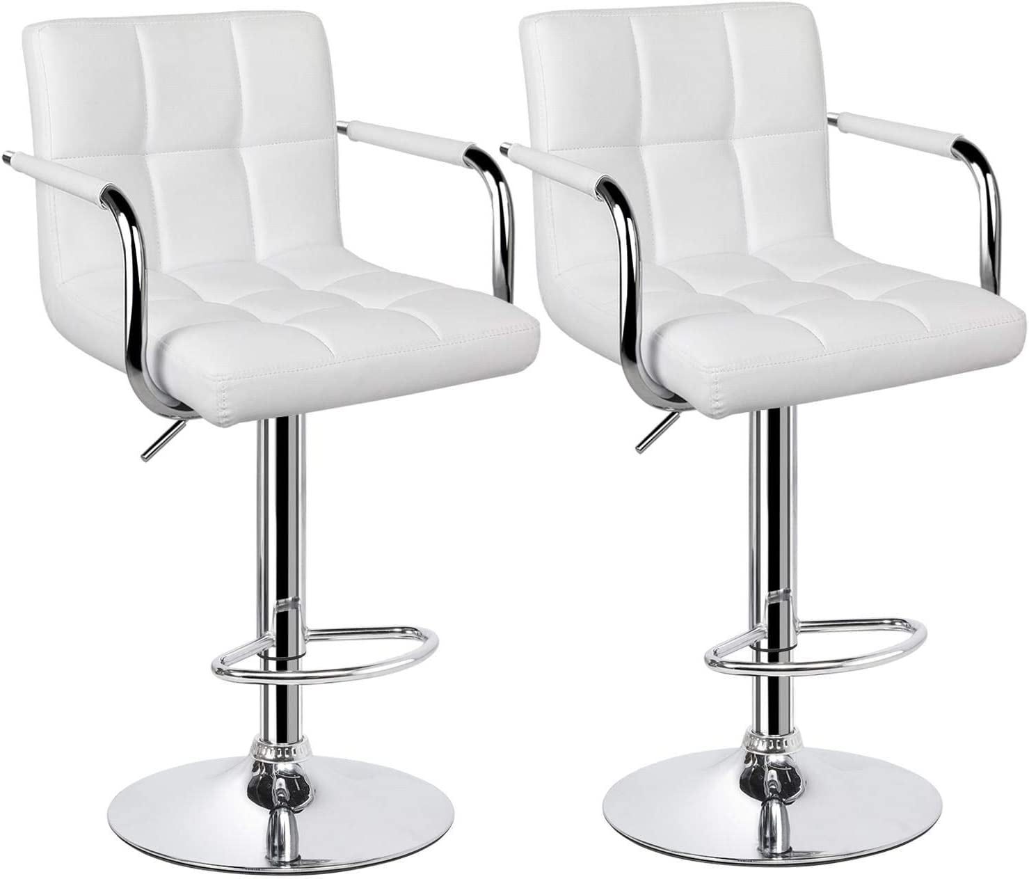 Bar Stools Set of 2, PU Leather Adjustable Swivel Barstools, Hydraulic Kitchen Counter Height Bar Chairs with Armrest and Back for Bar, Kitchen, Dining Room, White